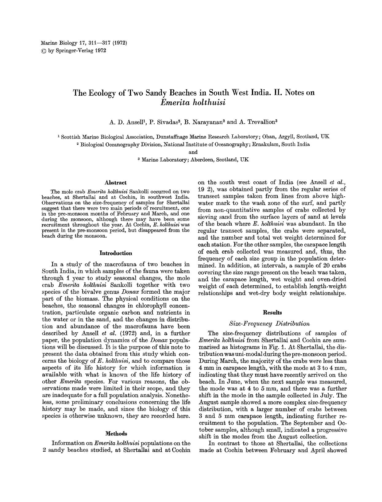 The ecology of two sandy beaches in south west India. II. Notes on <Emphasis Type="Italic">Emerita holthuisi<Emphasis> by Unknown