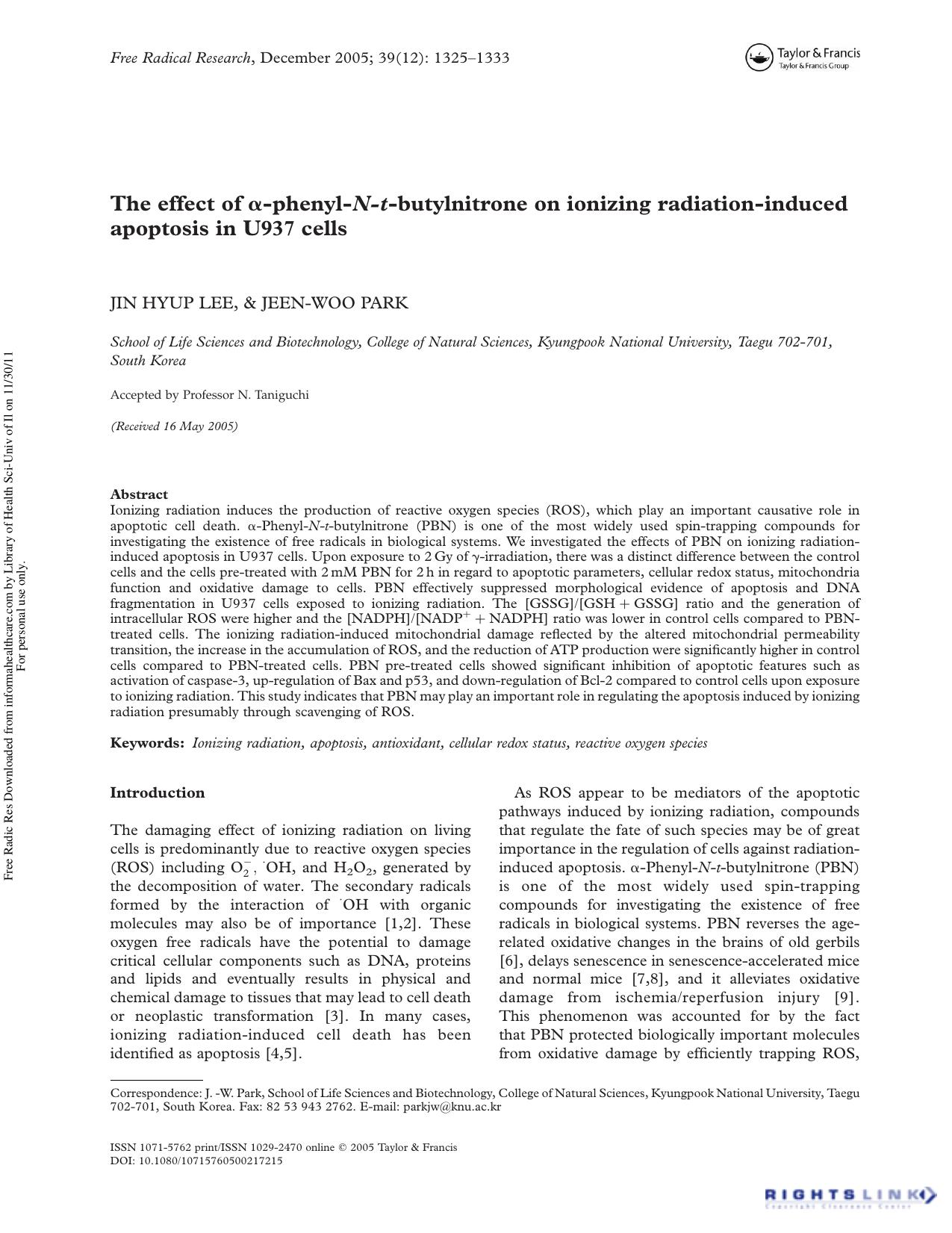 The effect of Î±-phenyl-N-t-butylnitrone on ionizing radiation-induced apoptosis in U937 cells by Jin Hyup Lee1 & Jeen-Woo Park1†