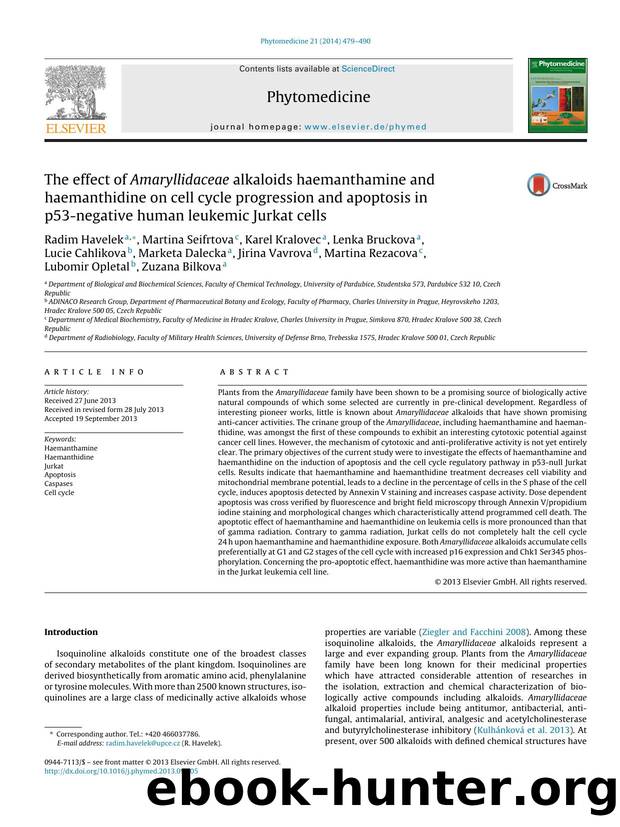 The effect of Amaryllidaceae alkaloids haemanthamine and haemanthidine on cell cycle progression and apoptosis in p53-negative human leukemic Jurkat cells by unknow
