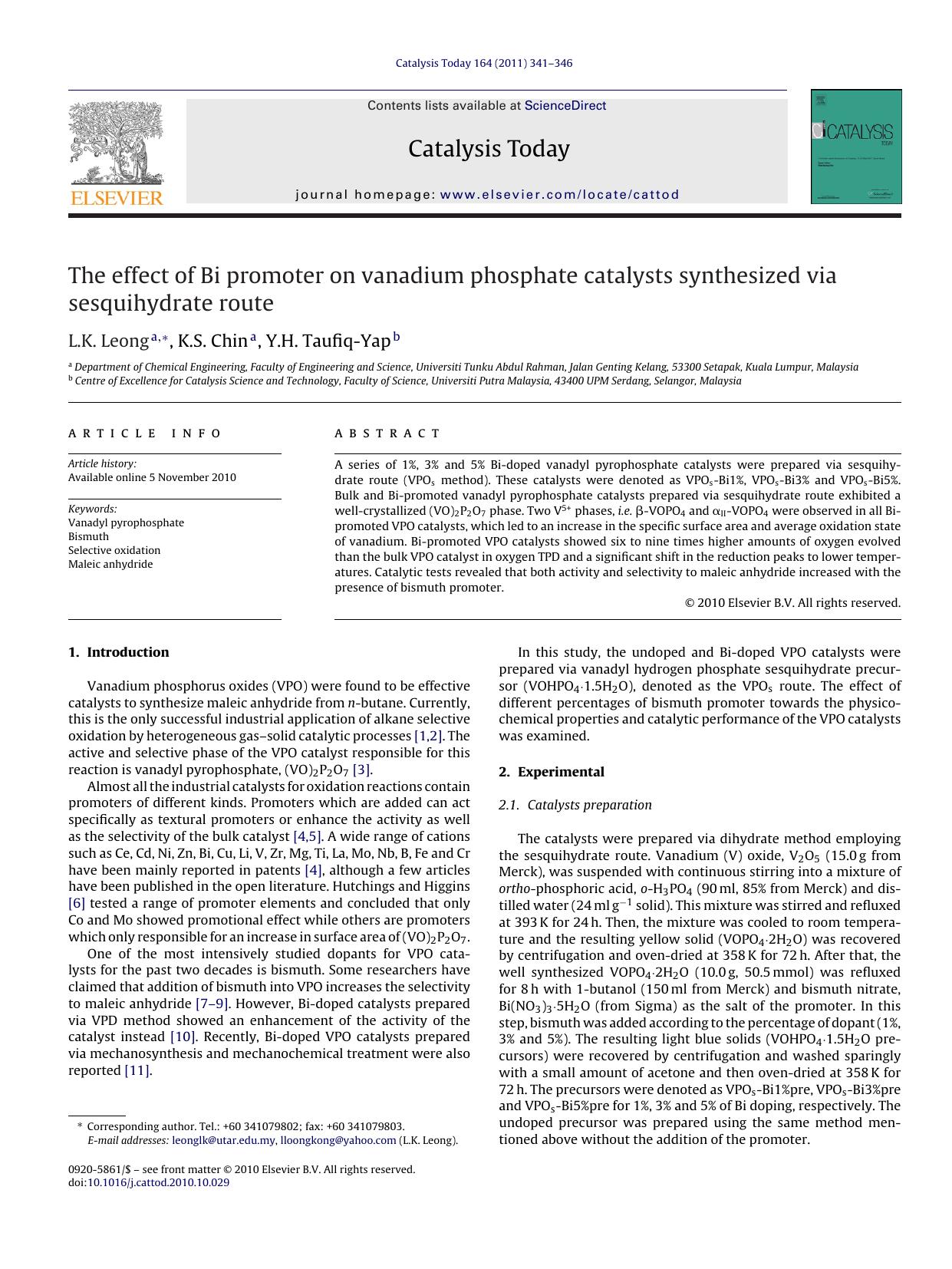 The effect of Bi promoter on vanadium phosphate catalysts synthesized via sesquihydrate route by L.K. Leong