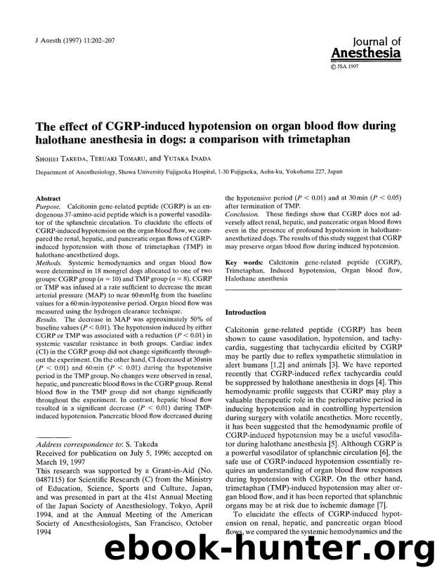 The effect of CGRP-induced hypotension on organ blood flow during halothane anesthesia in dogs: a comparison with trimetaphan by Unknown