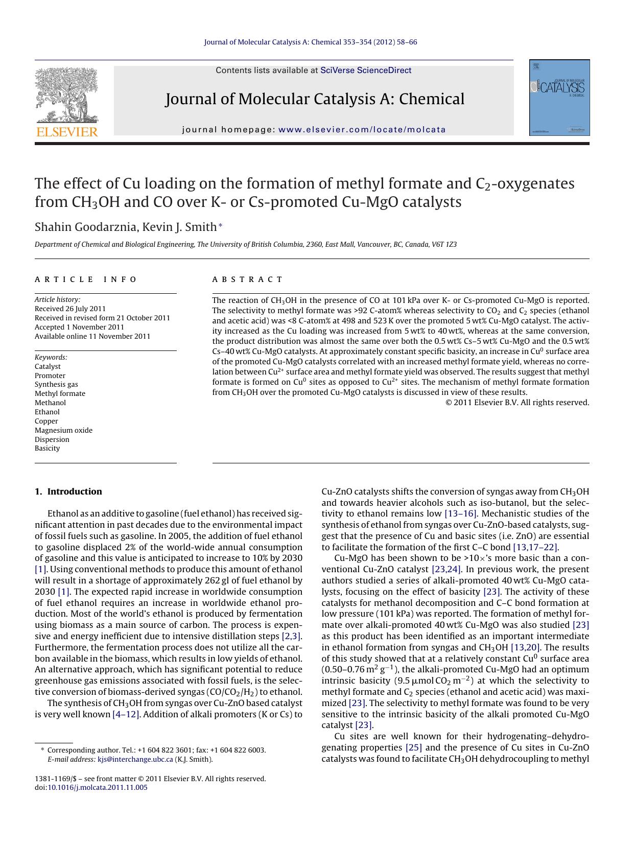 The effect of Cu loading on the formation of methyl formate and C2-oxygenates from CH3OH and CO over K- or Cs-promoted Cu-MgO catalysts by Shahin Goodarznia