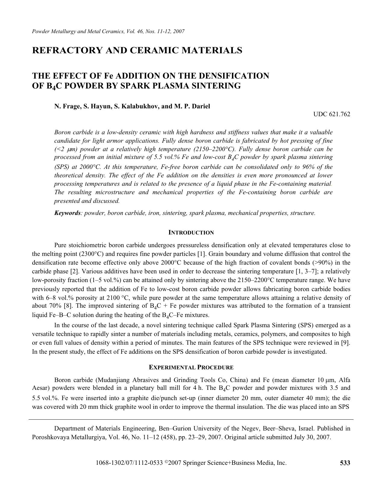 The effect of Fe addition on the densification of B<Subscript>4<Subscript>C powder by spark plasma sintering by Unknown