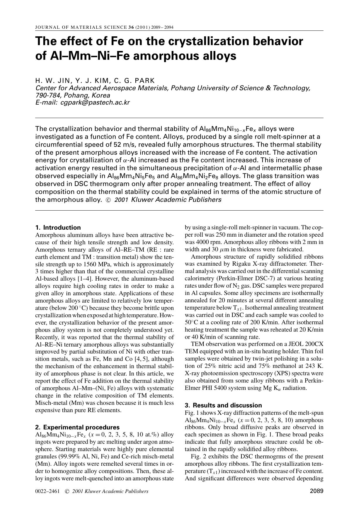 The effect of Fe on the crystallization behavior of Al–Mm–Ni–Fe amorphous alloys by Unknown