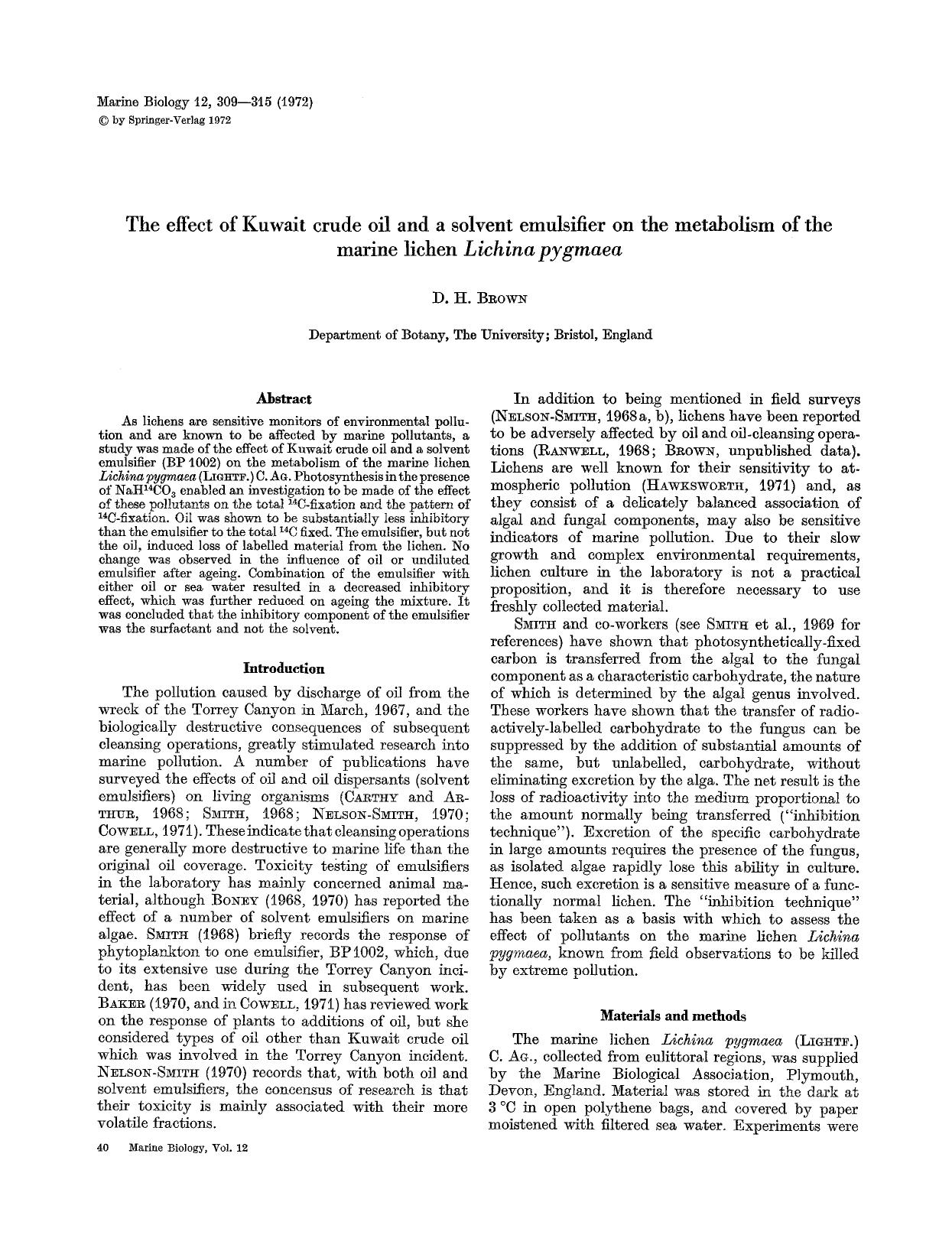 The effect of Kuwait crude oil and a solvent emulsifier on the metabolism of the marine lichen <Emphasis Type="Italic">Lichina pygmaea<Emphasis> by Unknown