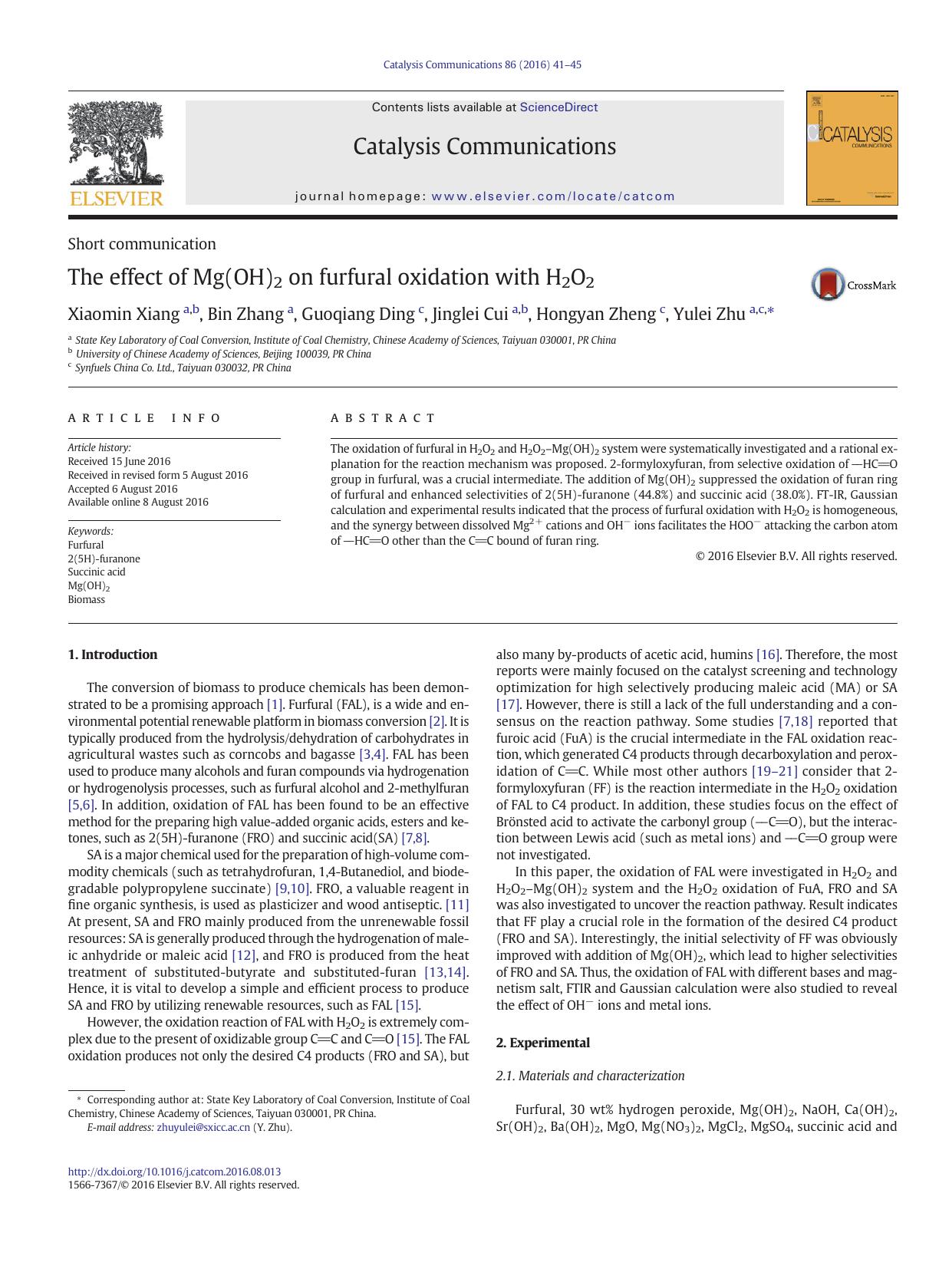 The effect of Mg(OH)2 on furfural oxidation with H2O2 by Xiaomin Xiang & Bin Zhang & Guoqiang Ding & Jinglei Cui & Hongyan Zheng & Yulei Zhu
