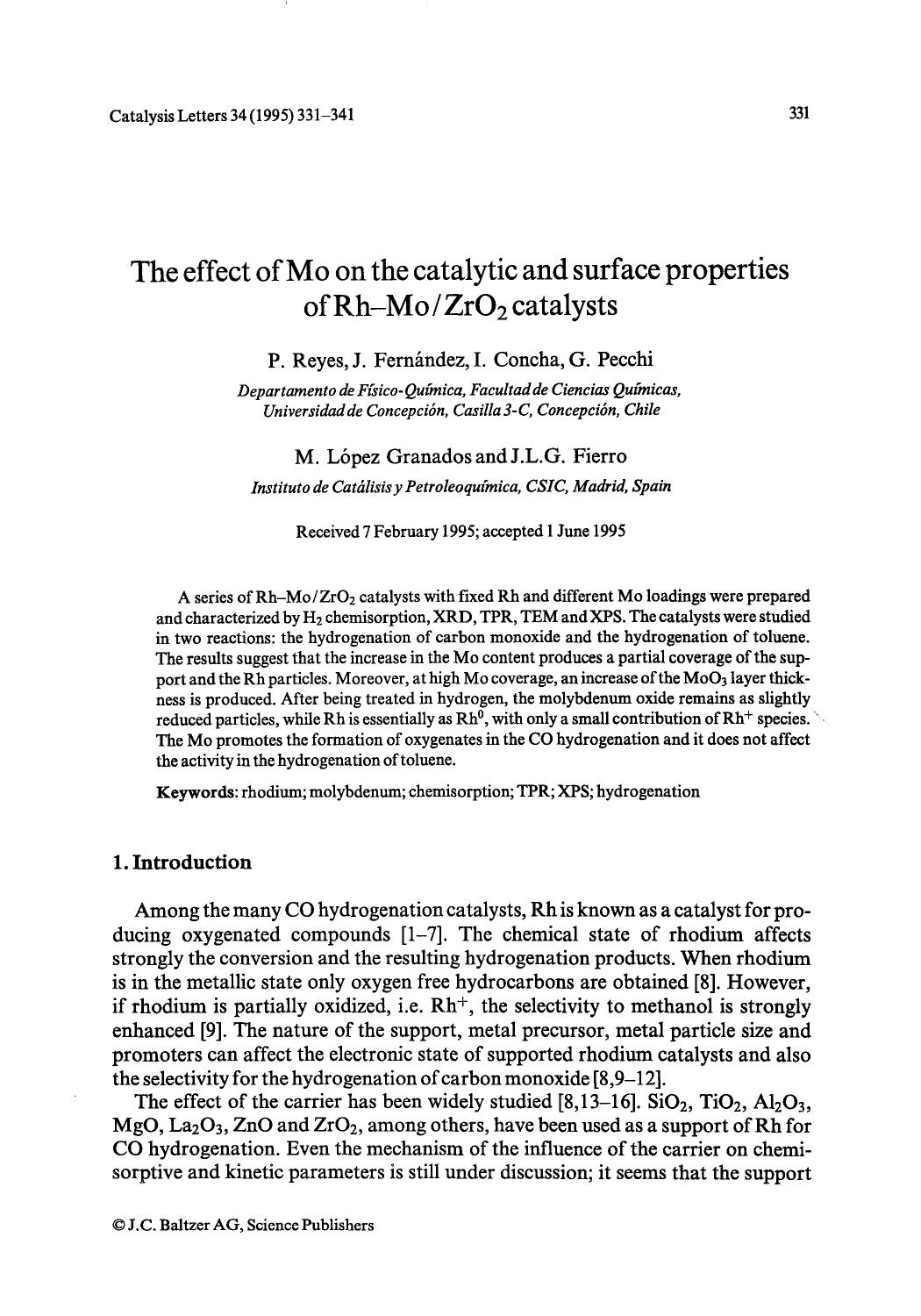 The effect of Mo on the catalytic and surface properties of Rh-MoZrO <Subscript>2 <Subscript> catalysts by Unknown