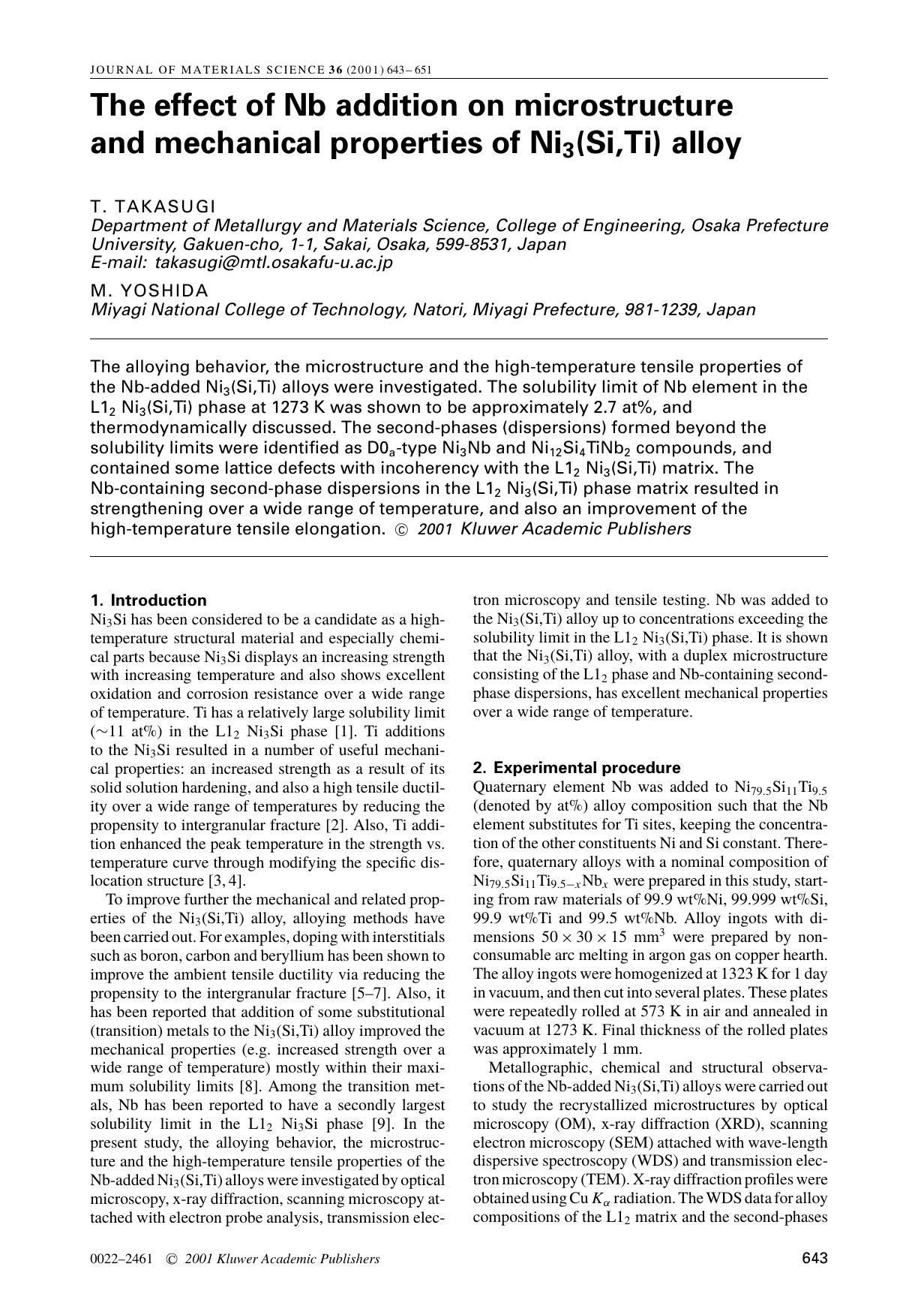 The effect of Nb addition on microstructure and mechanical properties of Ni3(Si,Ti) alloy by Unknown