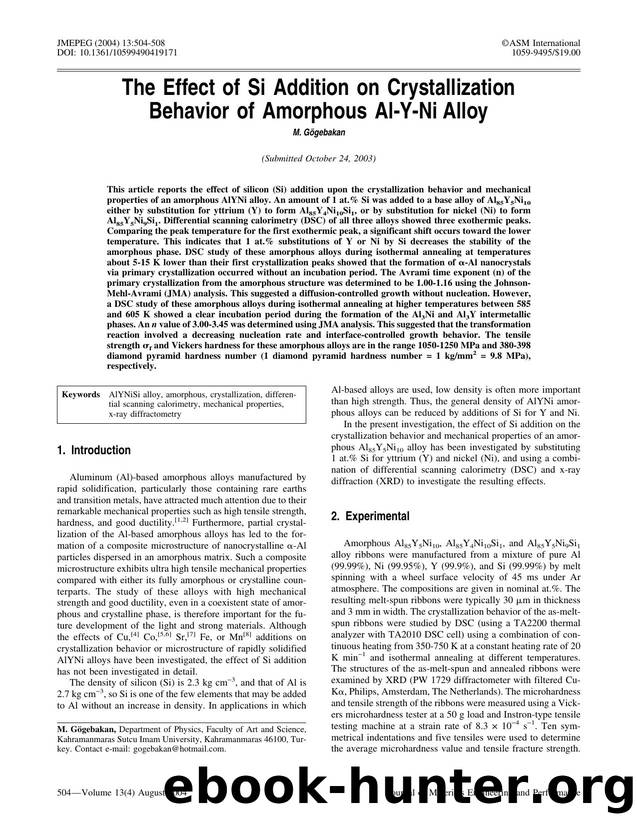 The effect of Si addition on crystallization behavior of amorphous Al-Y-Ni alloy by Unknown
