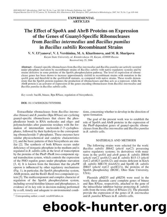 The effect of Spo0A and AbrB proteins on expression of the genes of guanyl-specific ribonucleases from <Emphasis Type="Italic">Bacillus intermedius<Emphasis> and <Emphasis Type="It by Unknown