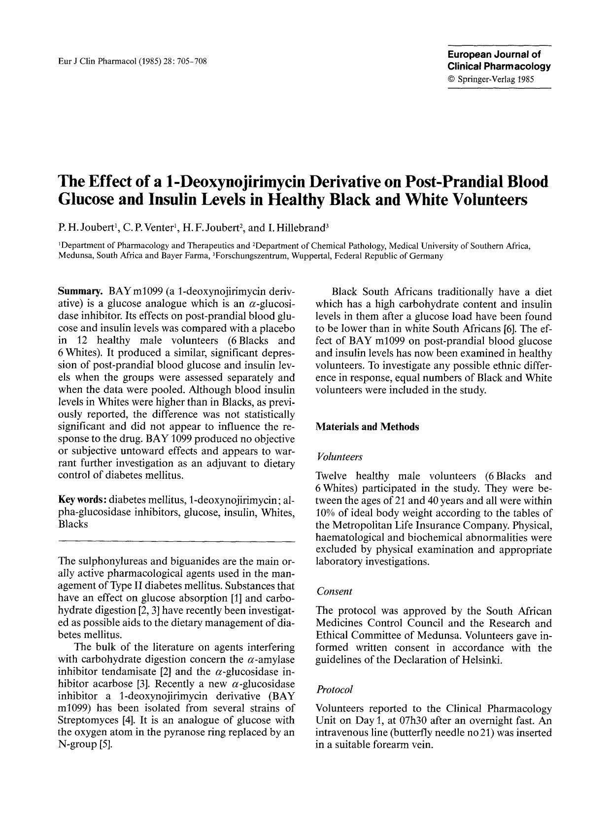 The effect of a 1-deoxynojirimycin derivative on post-prandial blood glucose and insulin levels in healthy black and white volunteers by Unknown