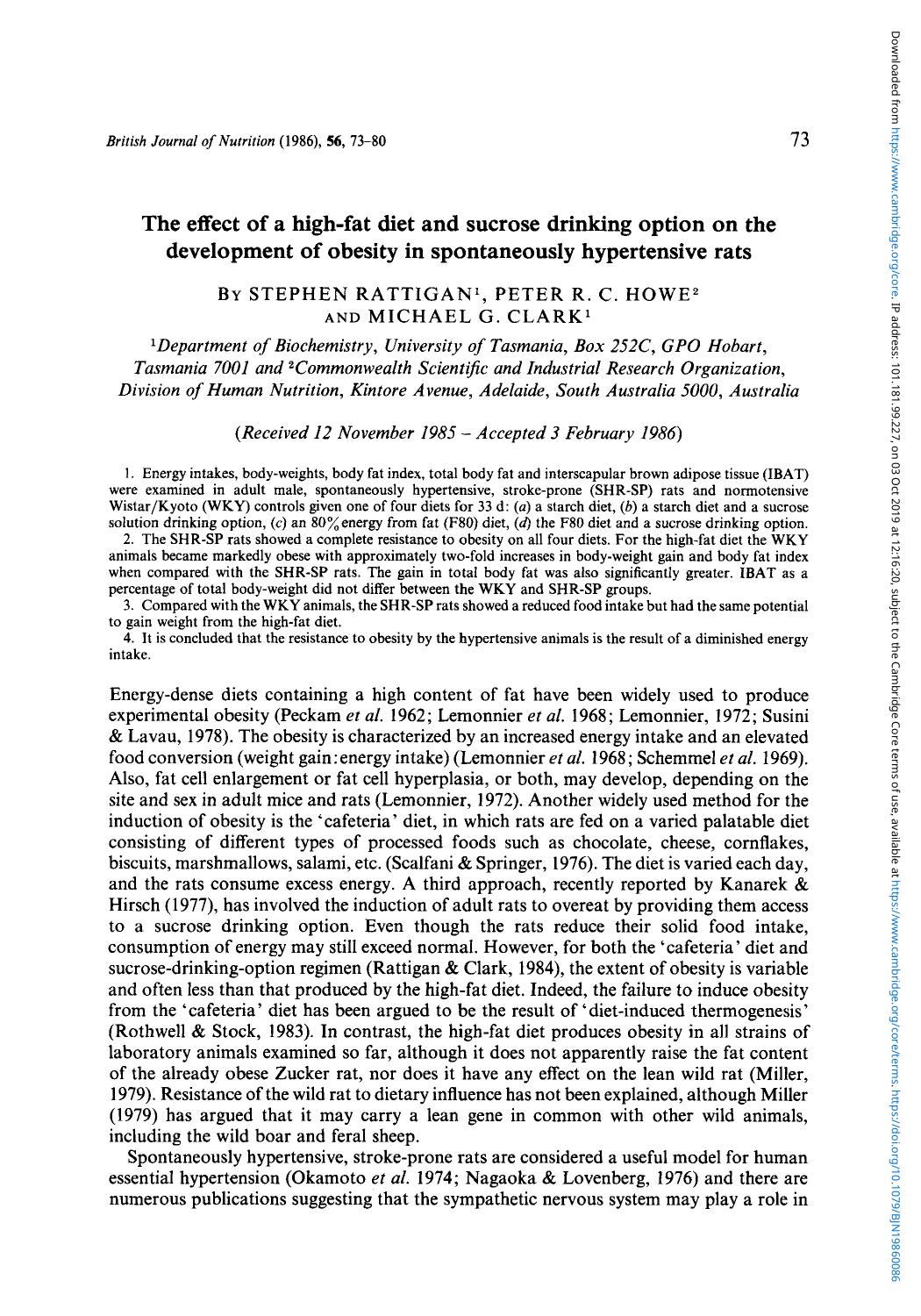 The effect of a high-fat diet and sucrose drinking option on the development of obesity in spontaneously hypertensive rats by Stephen Rattigan Peter R.C. Howe & Michael G. Clark
