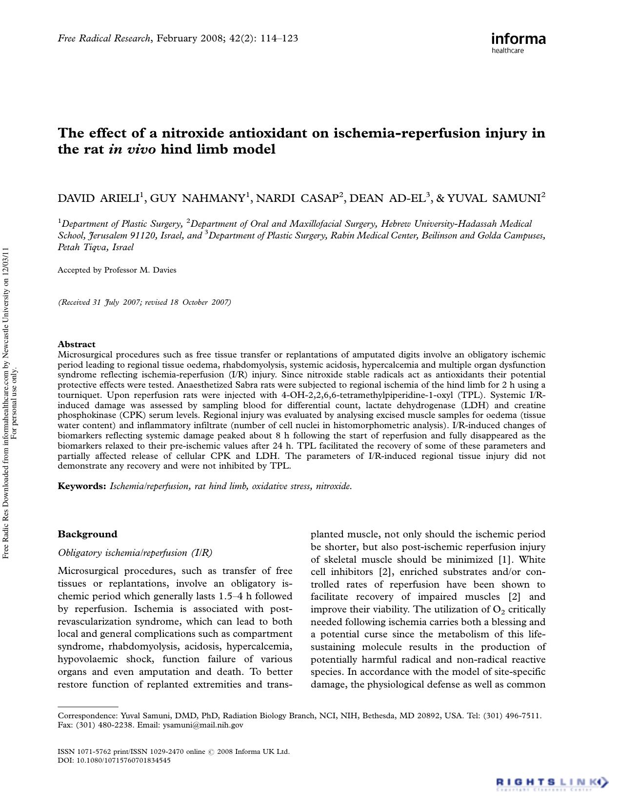 The effect of a nitroxide antioxidant on ischemia-reperfusion injury in the rat in vivo hind limb model by David Arieli1 Guy Nahmany1 Nardi Casap2 Dean Ad-El3 & Yuval Samuni DMD PhD2†