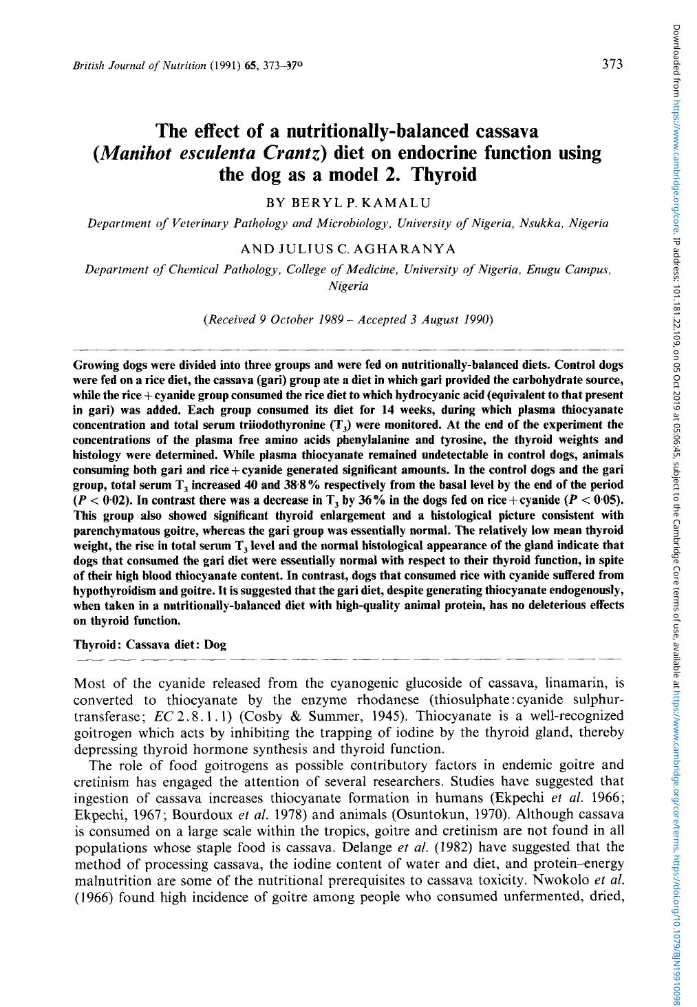 The effect of a nutritionally-balanced cassava (Manihot esculenta Crantz) diet on endocrine function using the dog as a model 2. Thyroid by Beryl P. Kamalu & Julius C. Agharanya