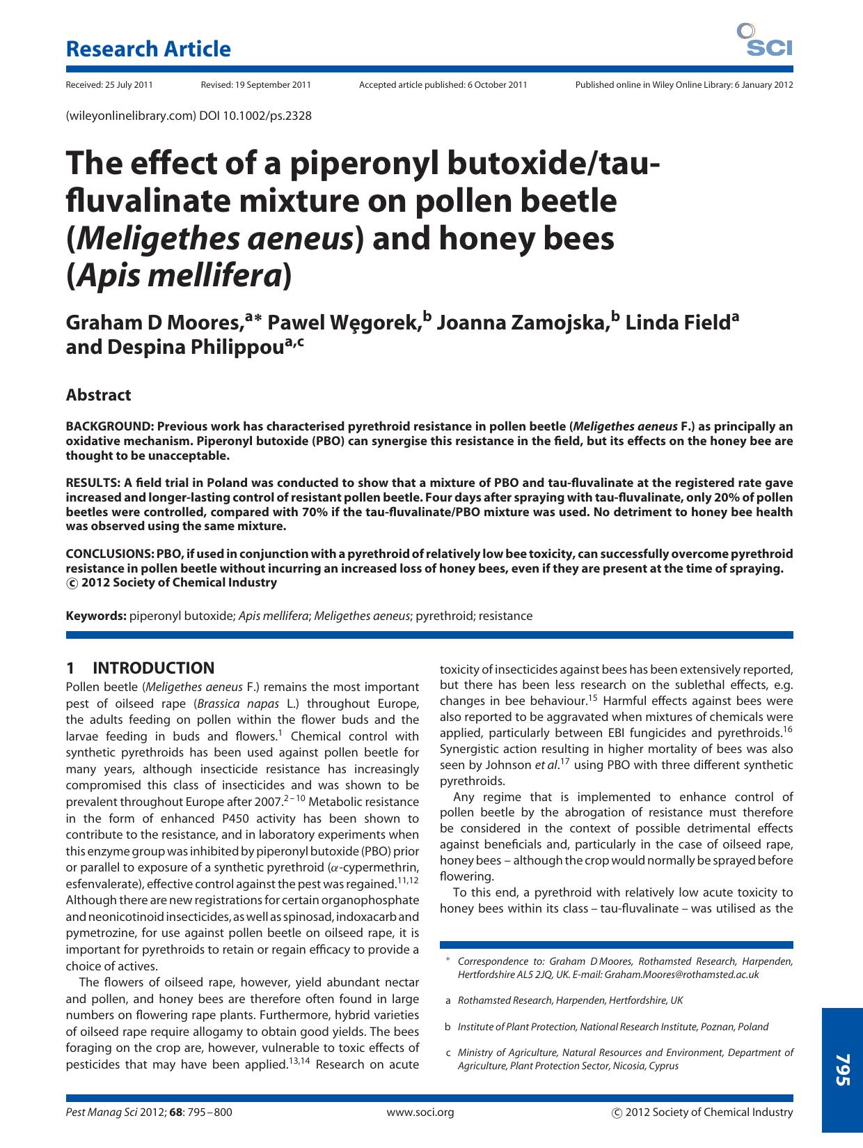 The effect of a piperonyl butoxidetaufluvalinate mixture on pollen beetle (Meligethes aeneus) and honey bees (Apis mellifera) by Unknown