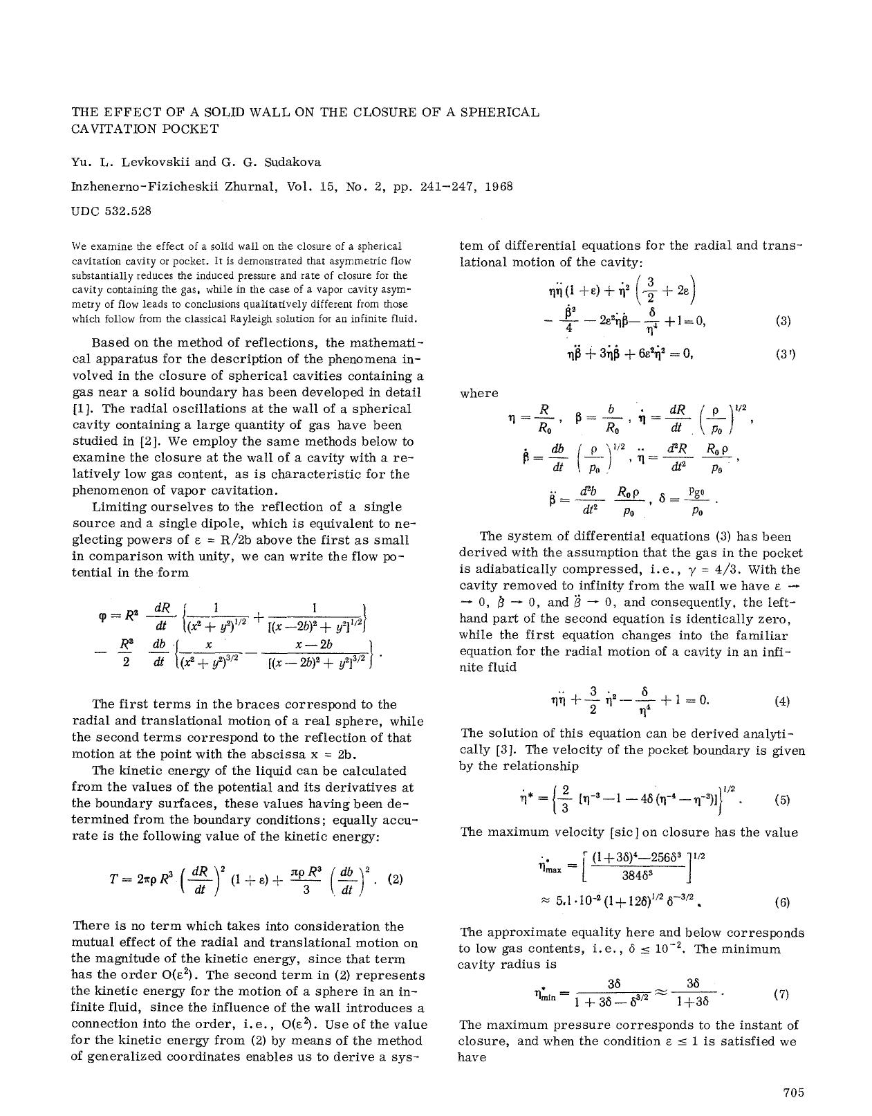 The effect of a solid wall on the closure of a spherical cavitation pocket by Unknown
