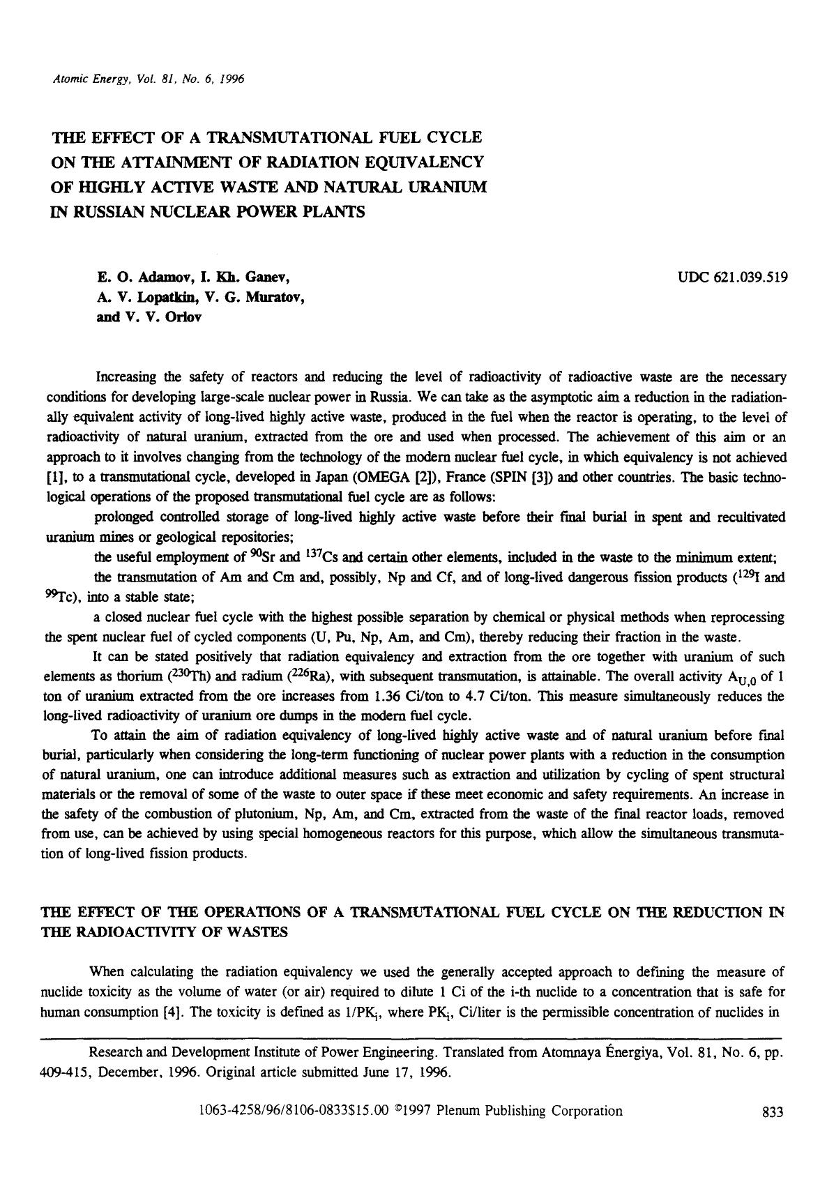 The effect of a transmutational fuel cycle on the attainment of radiation equivalency of highly active waste and natural uranium in Russian nuclear power plants by Unknown