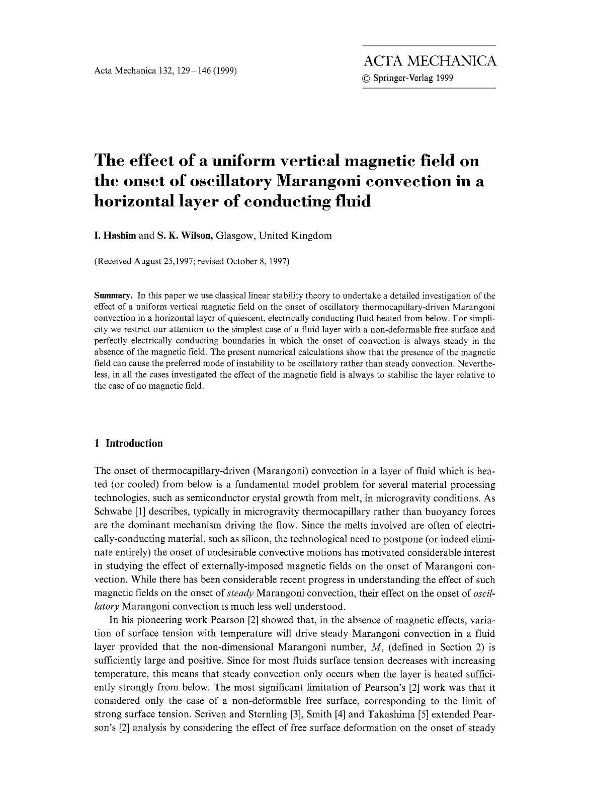 The effect of a uniform vertical magnetic field on the onset of oscillatory marangoni convection in a horizontal layer of conducting fluid by Unknown