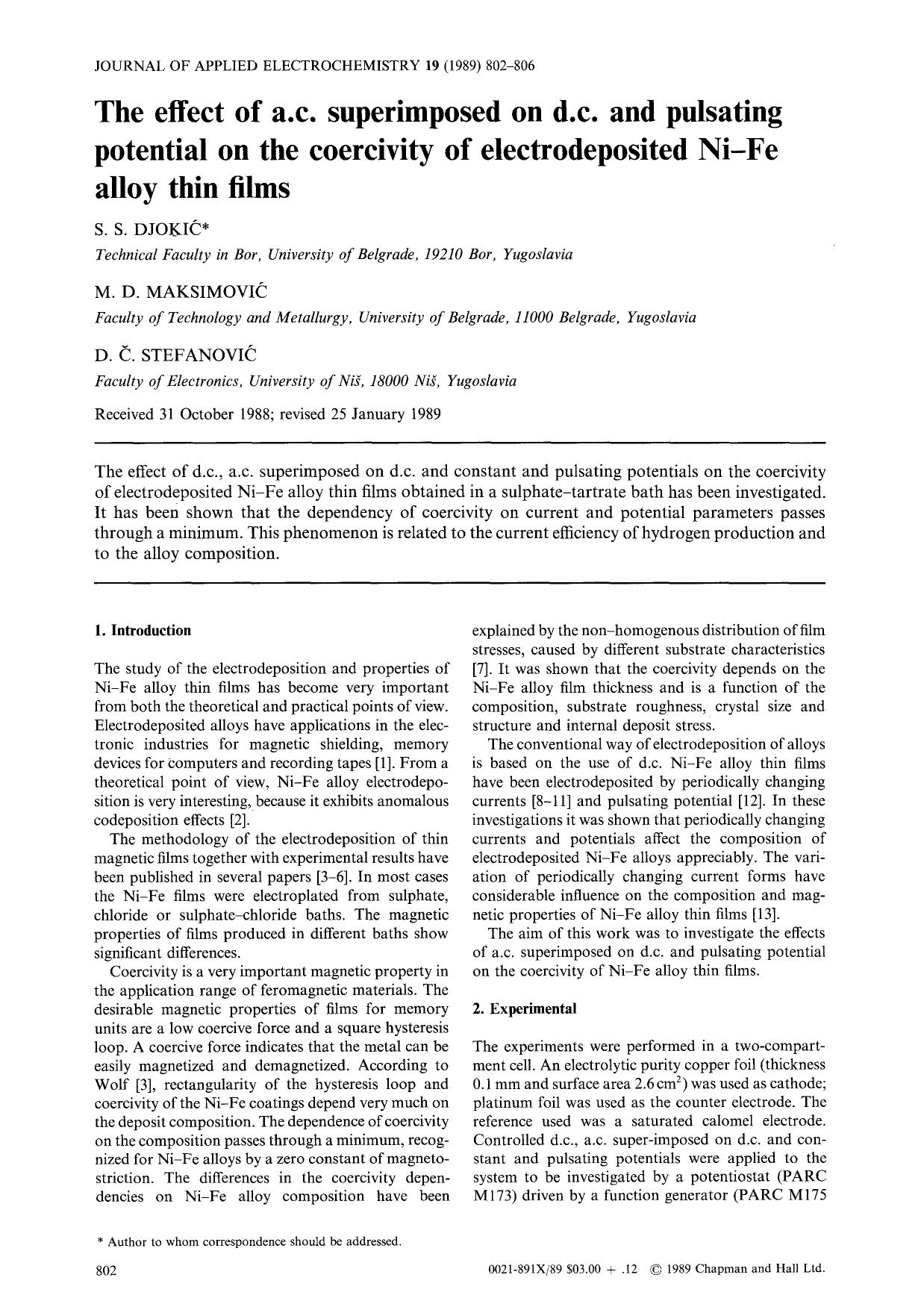 The effect of a.c. superimposed on d.c. and pulsating potential on the coercivity of electrodeposited Ni-Fe alloy thin films by Unknown