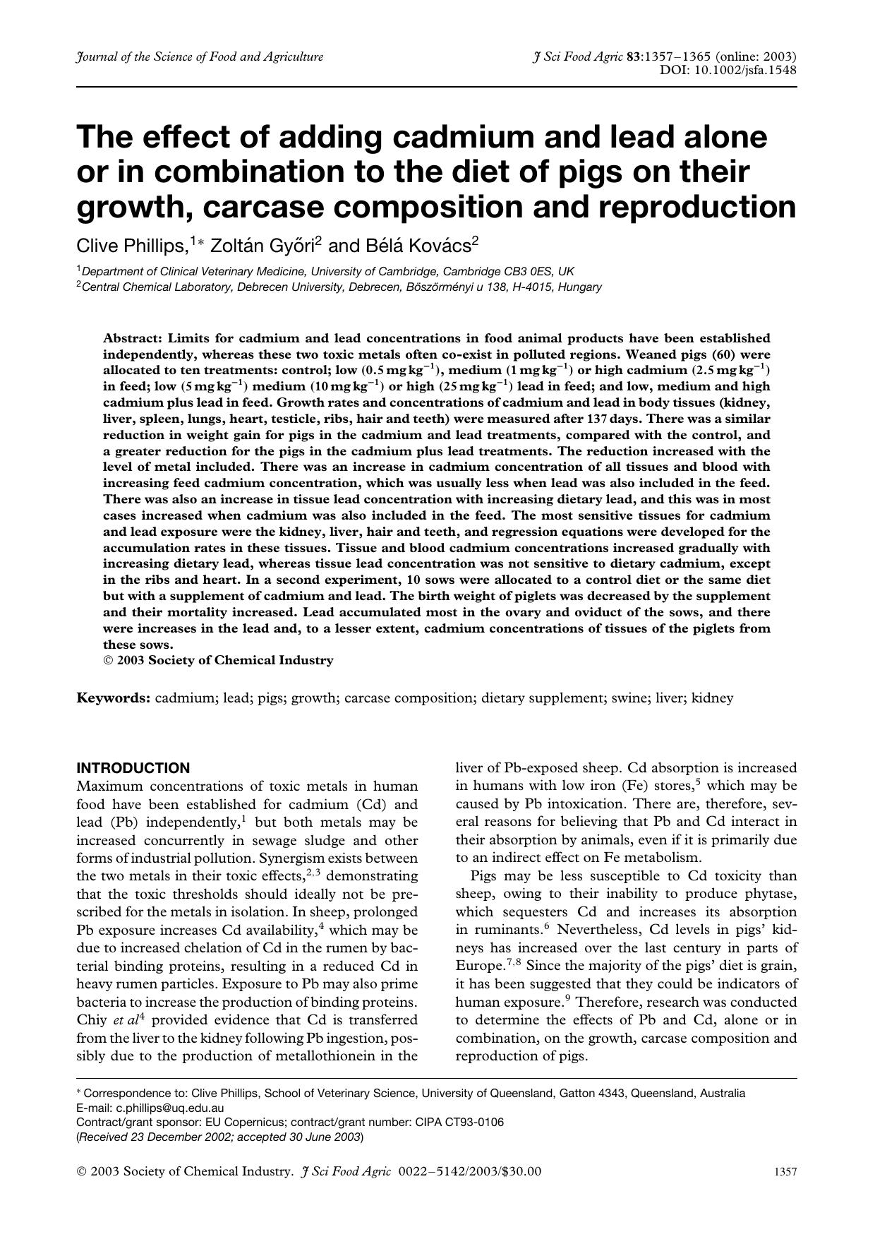 The effect of adding cadmium and lead alone or in combination to the diet of pigs on their growth, carcase composition and reproduction by Unknown