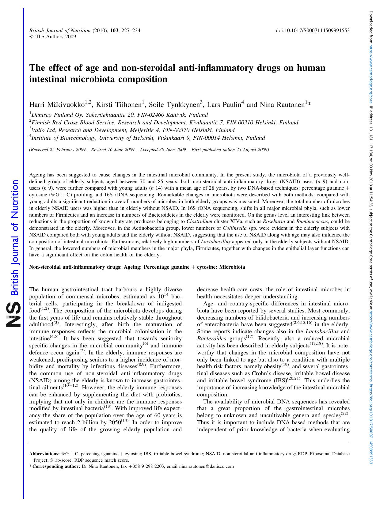 The effect of age and non-steroidal anti-inflammatory drugs on human intestinal microbiota composition by Harri Mäkivuokko Kirsti Tiihonen Soile Tynkkynen Lars Paulin Nina Rautonen