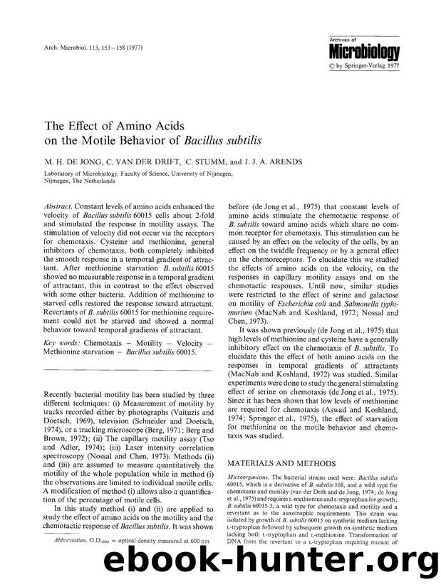 The effect of amino acids on the motile behavior of <Emphasis Type="Italic">Bacillus subtilis<Emphasis> by Unknown
