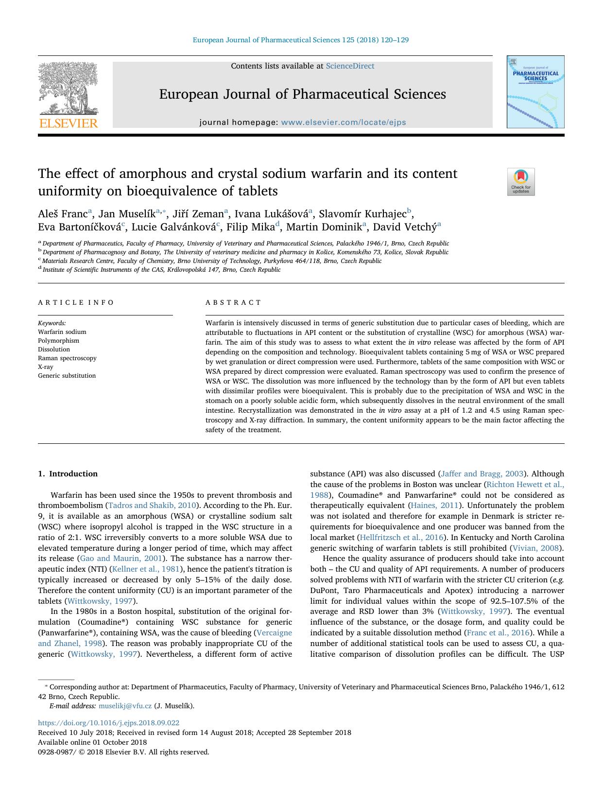 The effect of amorphous and crystal sodium warfarin and its content uniformity on bioequivalence of tablets by unknow