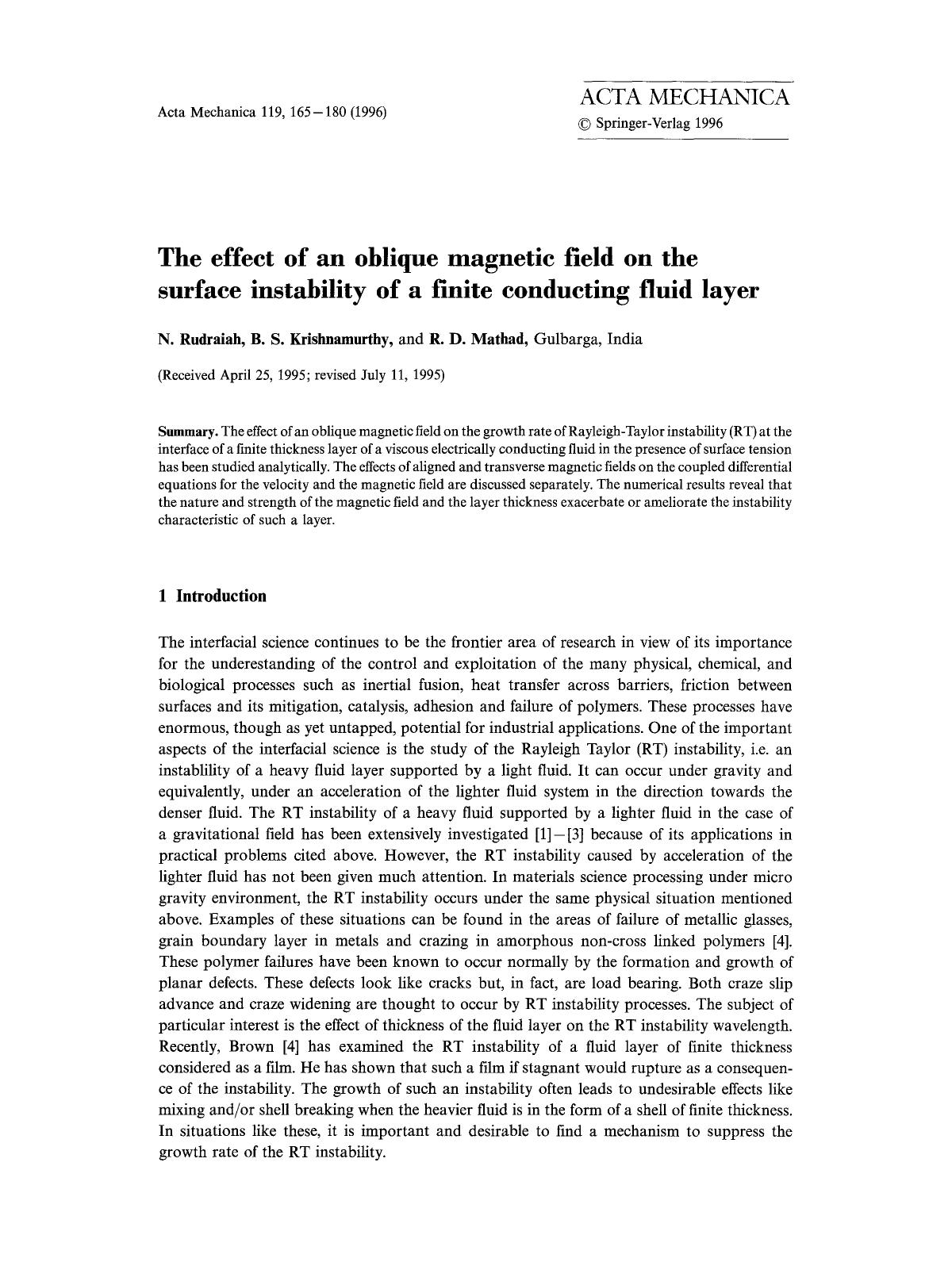 The effect of an oblique magnetic field on the surface instability of a finite conducting fluid layer by Unknown