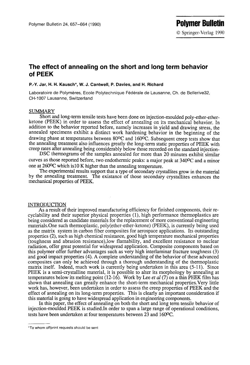 The effect of annealing on the short and long term behavior of PEEK by Unknown