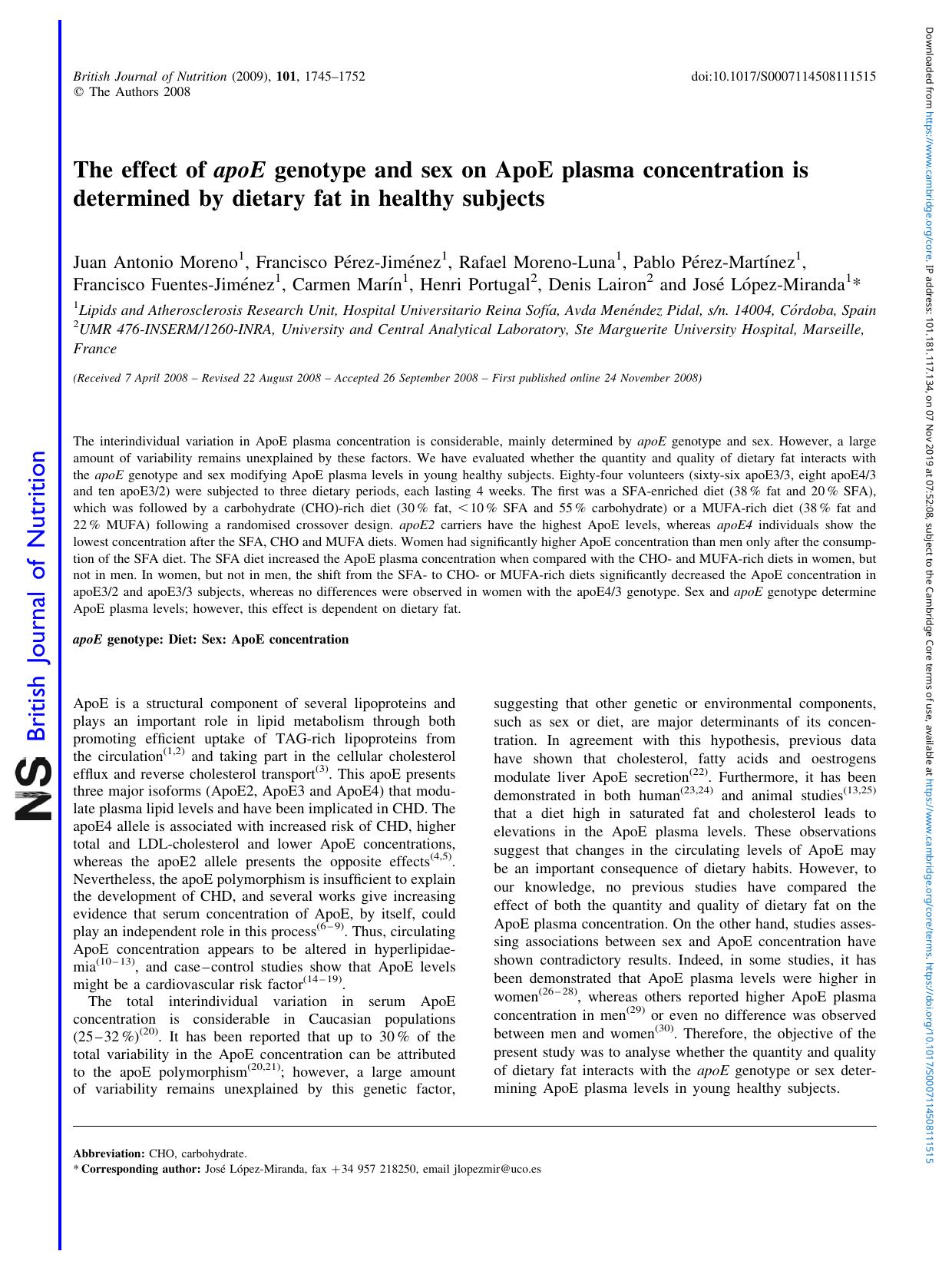 The effect of apoE genotype and sex on ApoE plasma concentration is determined by dietary fat in healthy subjects by unknow