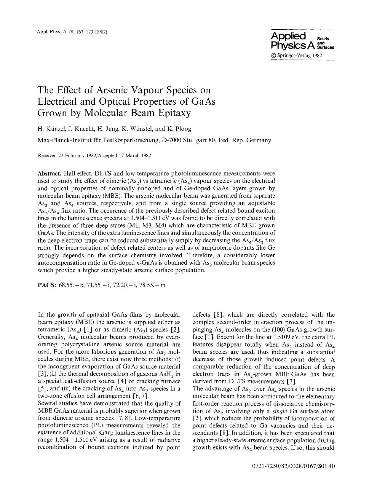 The effect of arsenic vapour species on electrical and optical properties of GaAs grown by molecular beam epitaxy by Unknown