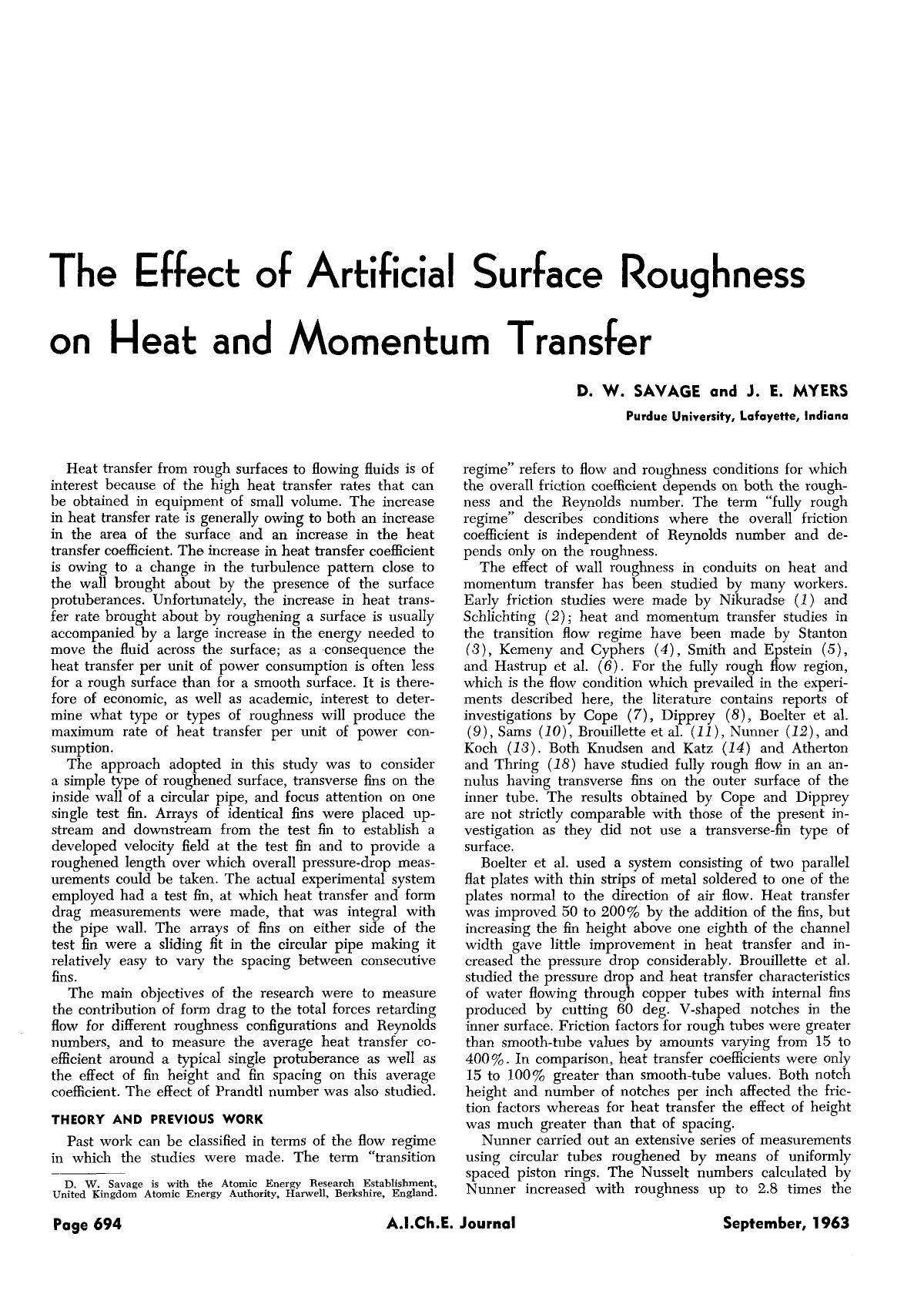 The effect of artificial surface roughness on heat and momentum transfer by Unknown