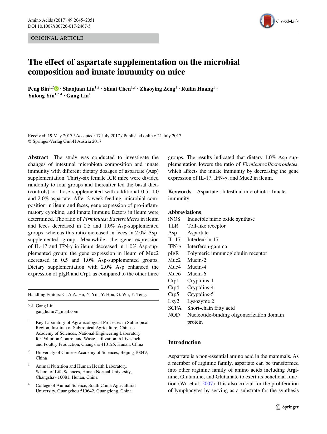 The effect of aspartate supplementation on the microbial composition and innate immunity on mice by Peng Bin & Shaojuan Liu & Shuai Chen & Zhaoying Zeng & Ruilin Huang & Yulong Yin & Gang Liu