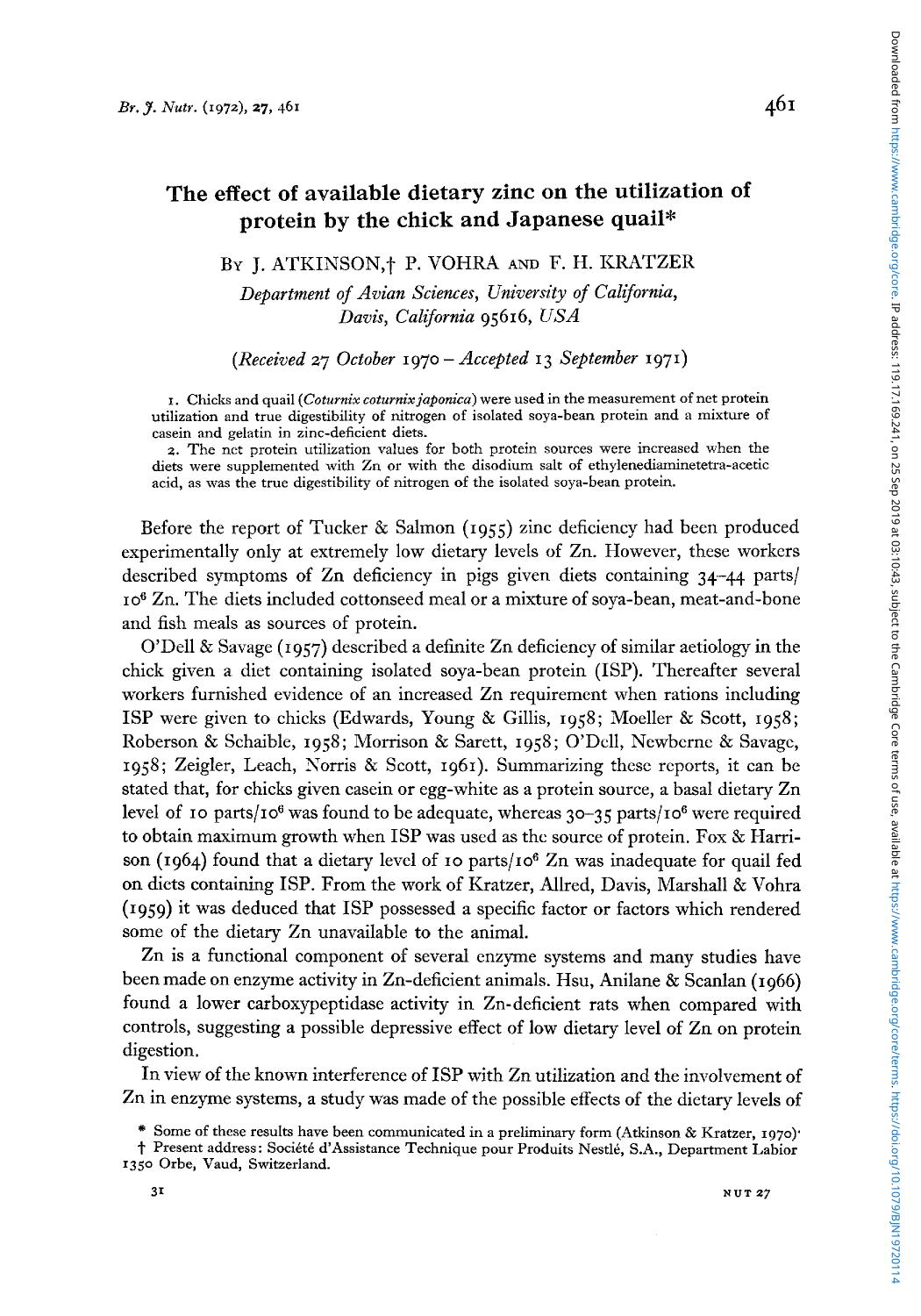 The effect of available dietary zinc on the utilization of protein by the chick and Japanese quail by J. Atkinson P. Vohra F. H. Kratzer