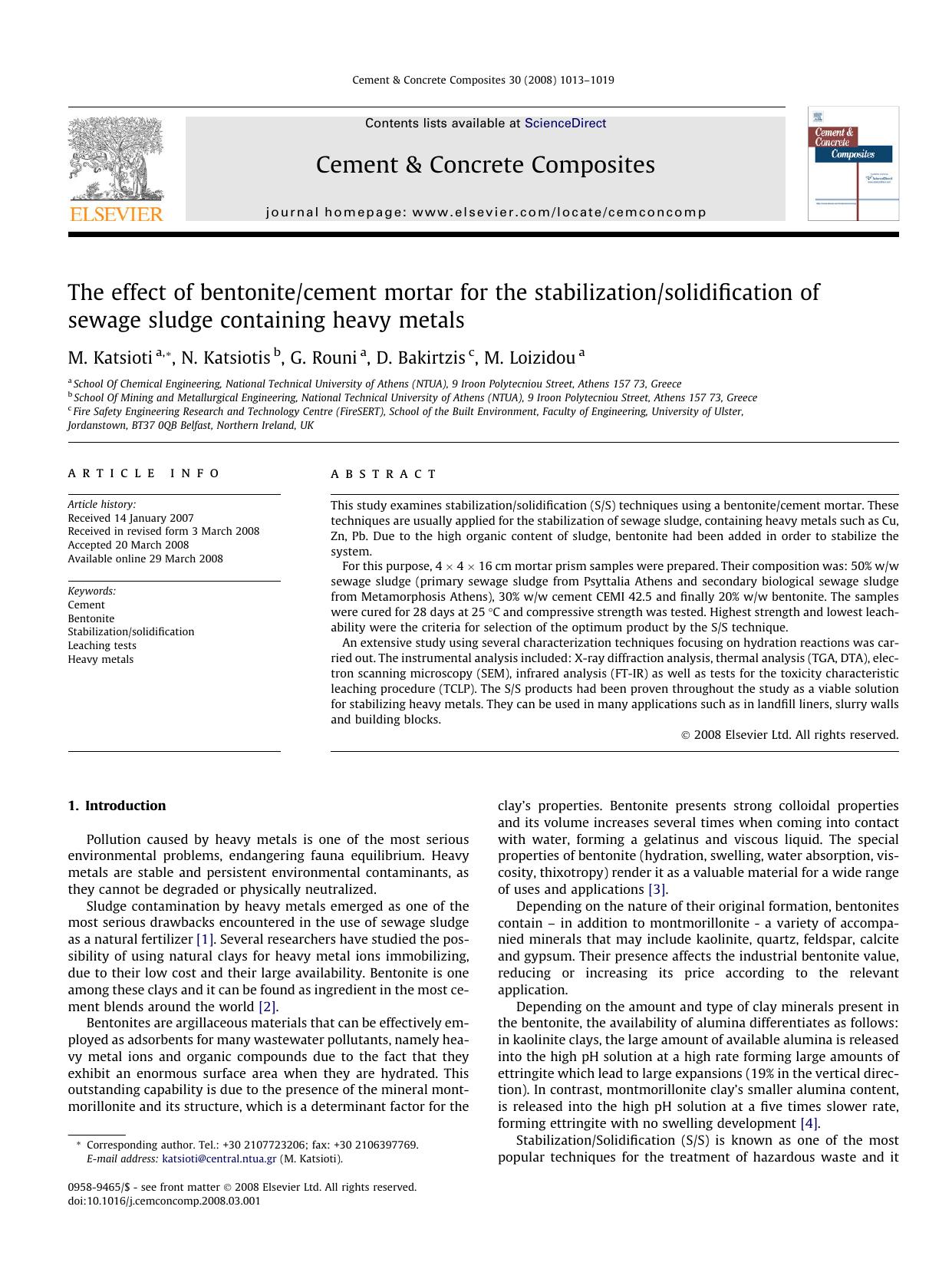 The effect of bentonitecement mortar for the stabilizationsolidification of sewage sludge containing heavy metals by M. Katsioti; N. Katsiotis; G. Rouni; D. Bakirtzis; M. Loizidou
