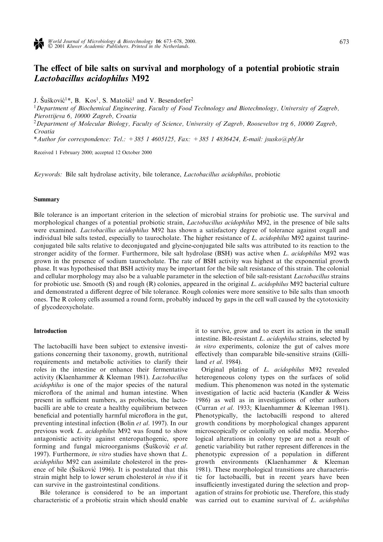 The effect of bile salts on survival and morphology of a potential probiotic strain Lactobacillus acidophilus M92 by Unknown