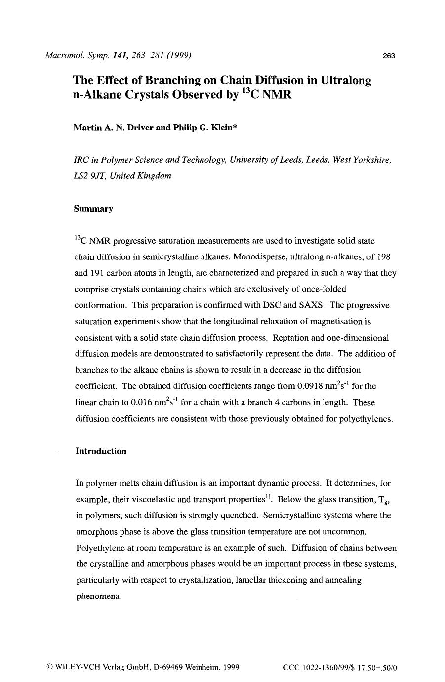 The effect of branching on chain diffusion in ultralong Nalkane crystals observed by 13C NMR by Unknown