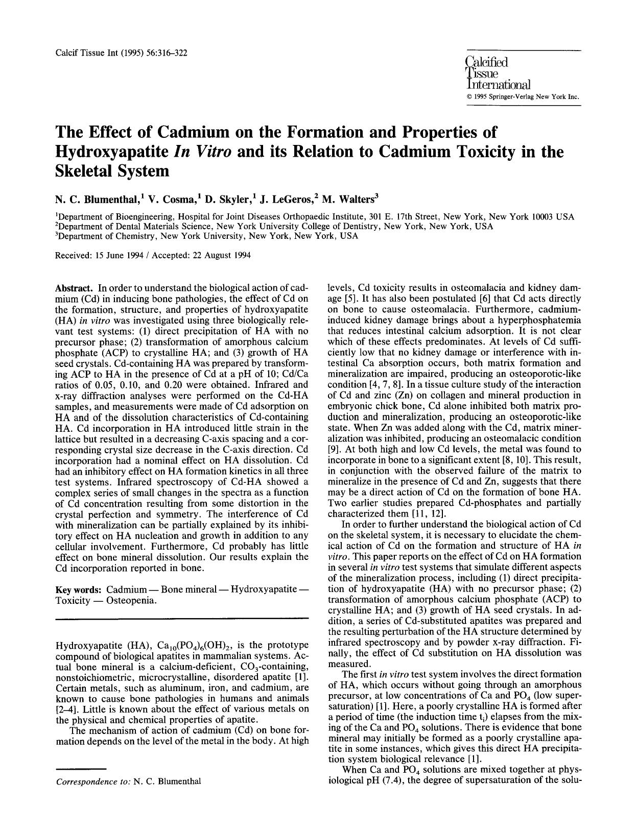 The effect of cadmium on the formation and properties of hydroxyapatite <Emphasis Type="Italic">In vitro<Emphasis> and its relation to cadmium toxicity in the skeletal system by Unknown
