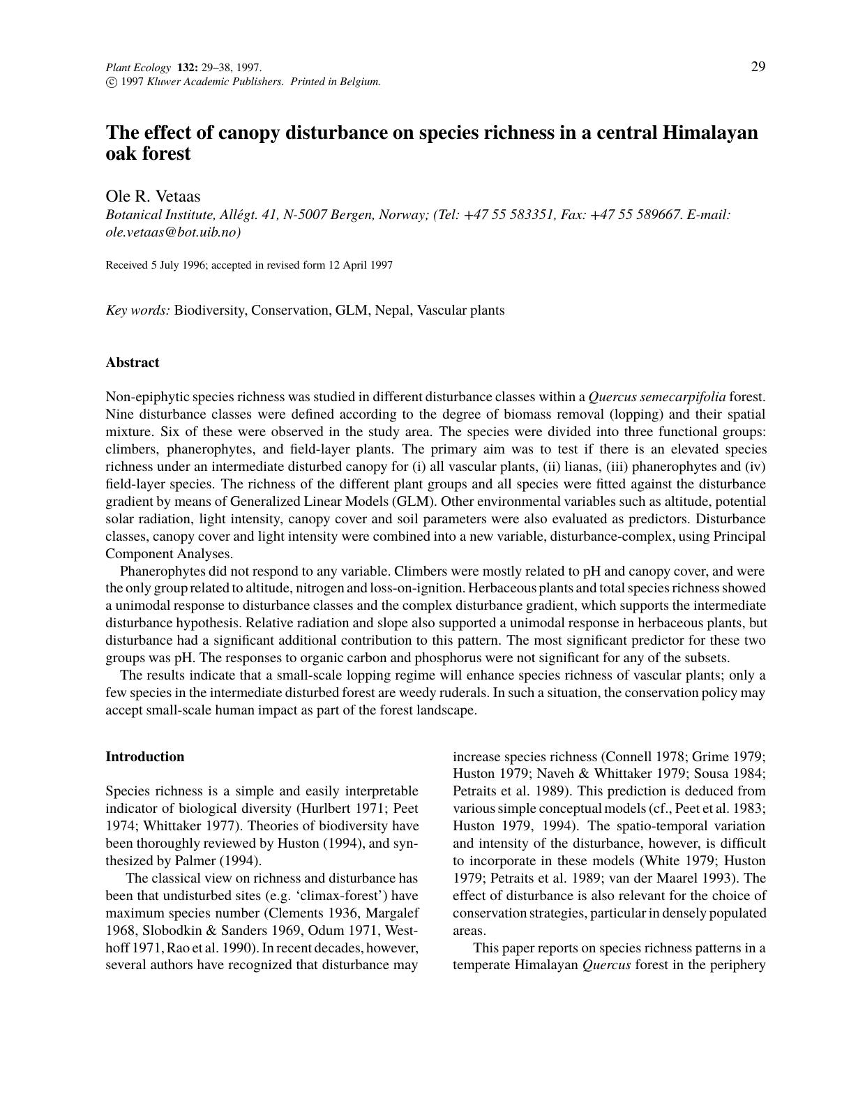 The effect of canopy disturbance on species richness in a central Himalayan oak forest by Unknown