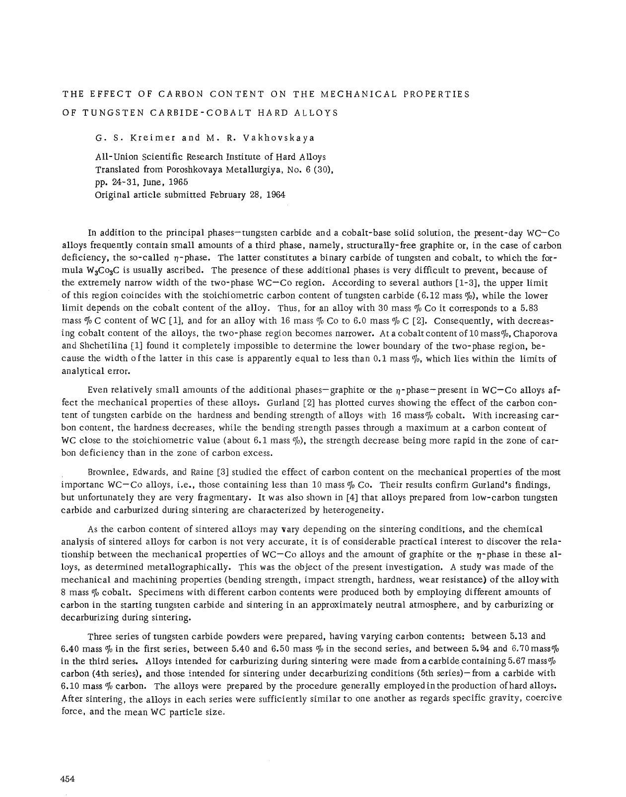 The effect of carbon content on the mechanical properties of tungsten carbide-cobalt hard alloys by Unknown