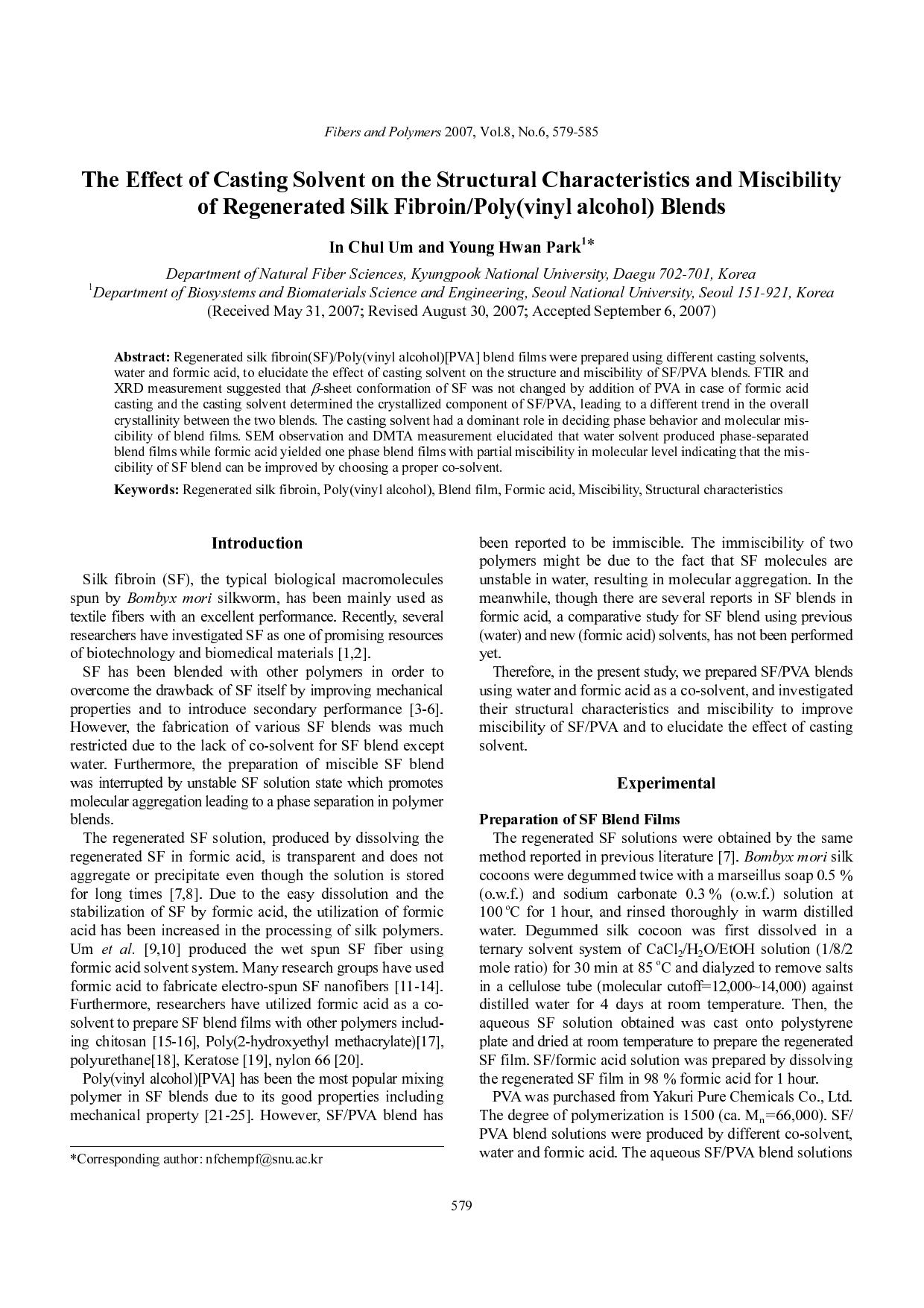 The effect of casting solvent on the structural characteristics and miscibility of regenerated silk fibroinPoly(vinyl alcohol) blends by Unknown