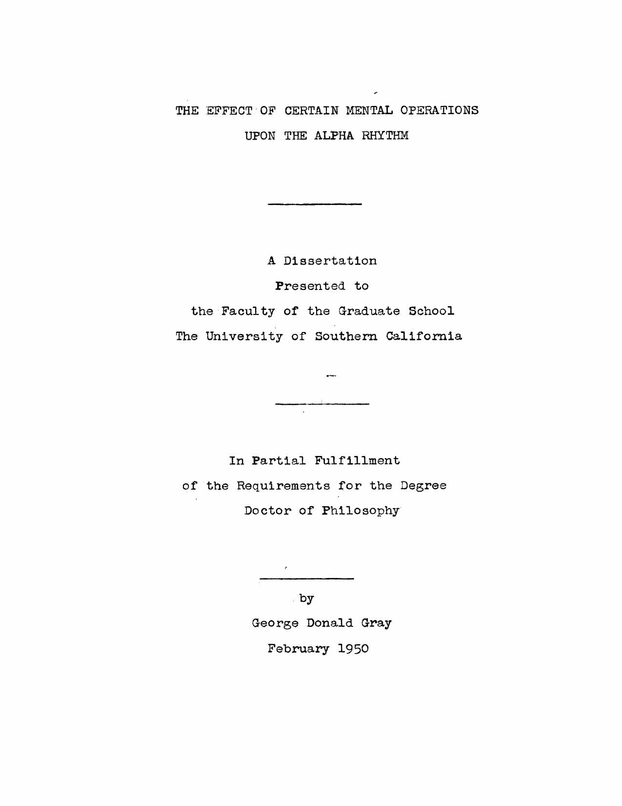 The effect of certain mental operations upon the alpha rhythm by Gray George Donald