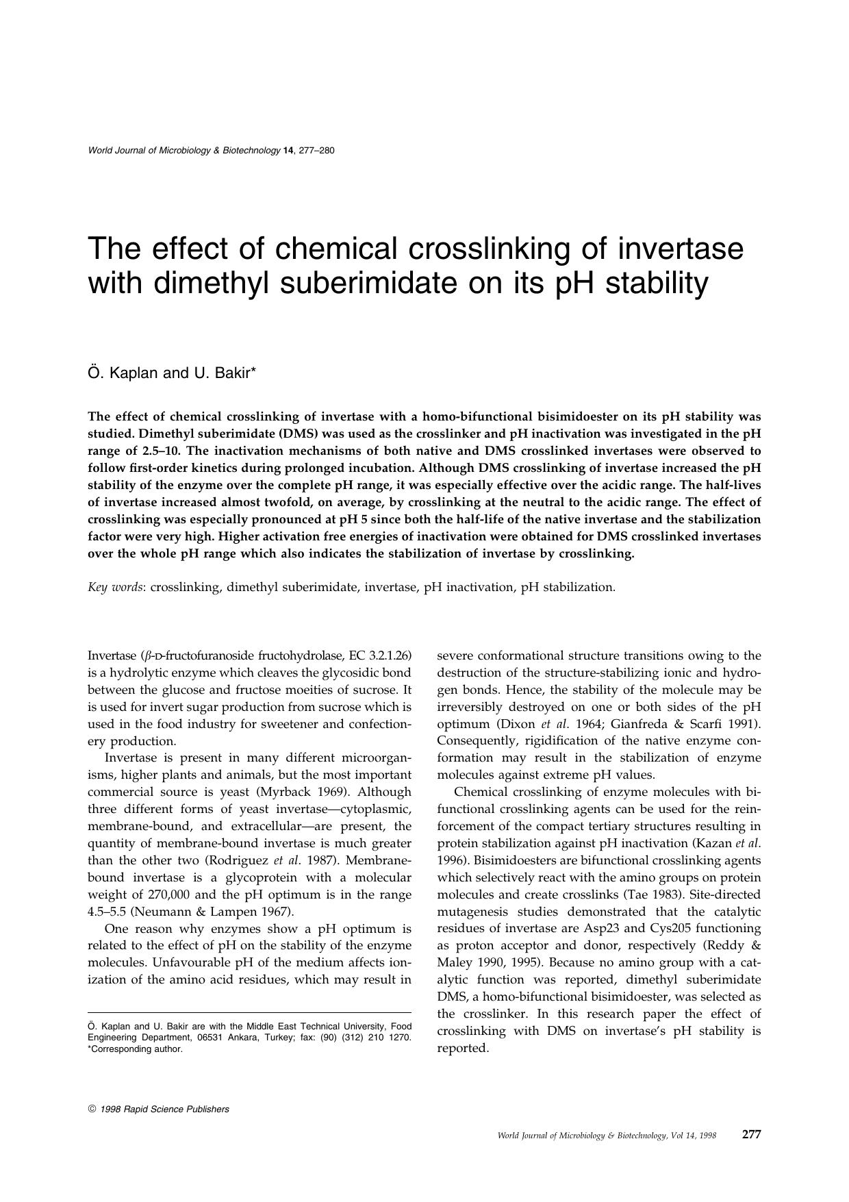 The effect of chemical crosslinking of invertase with dimethyl suberimidate on its pH stability by Unknown