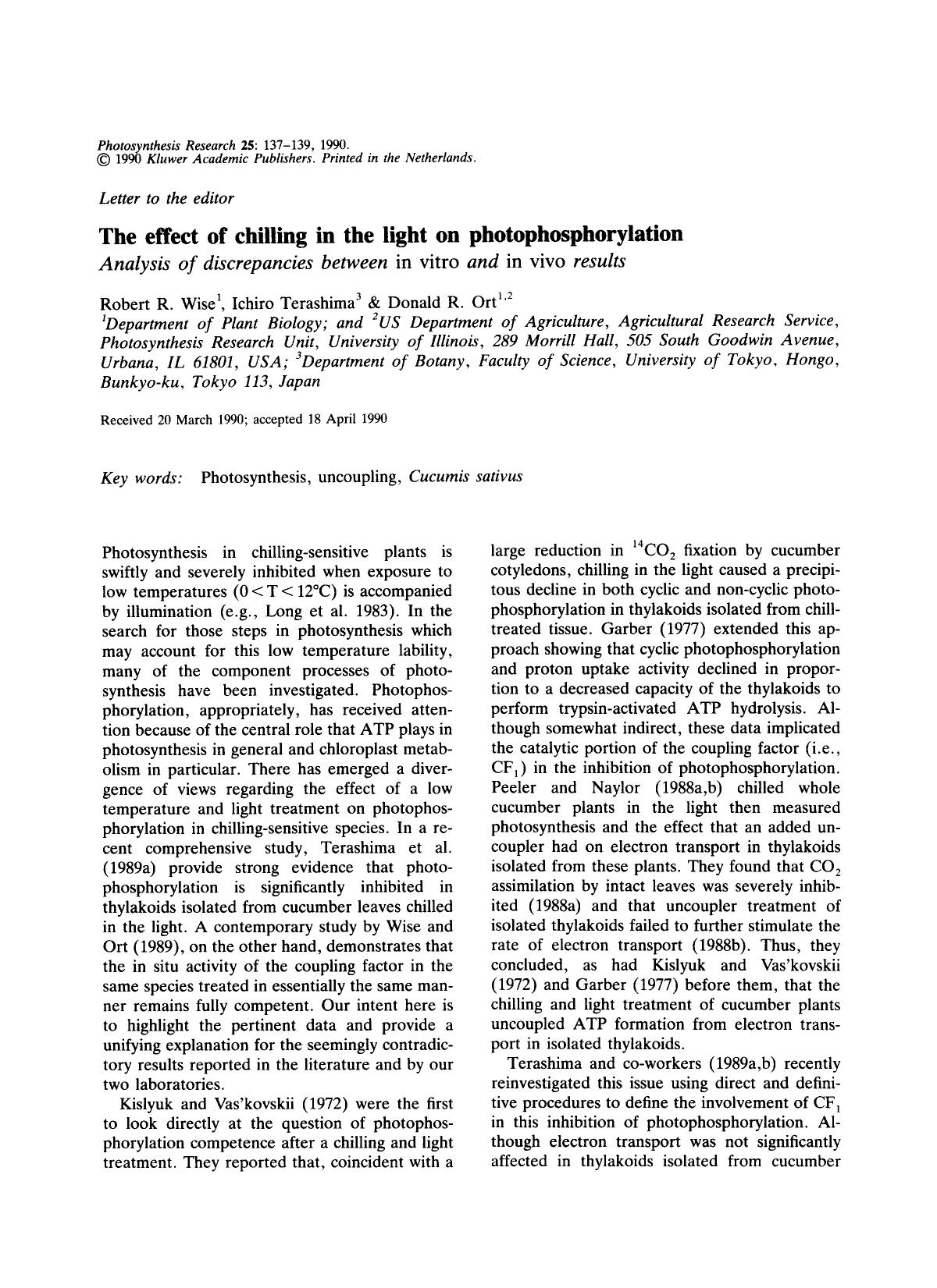 The effect of chilling in the light on photophosphorylation by Unknown