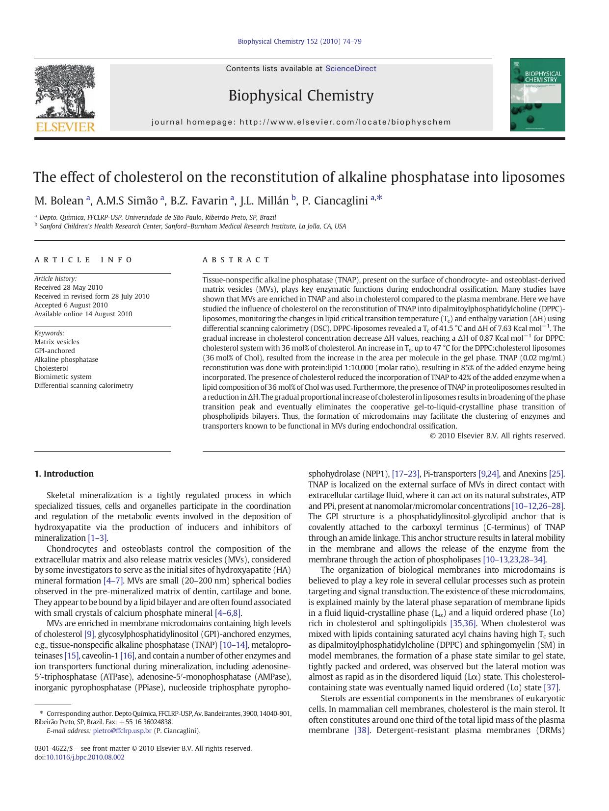 The effect of cholesterol on the reconstitution of alkaline phosphatase into liposomes by M. Bolean & A.M.S Simão & B.Z. Favarin & J.L. Millán & P. Ciancaglini