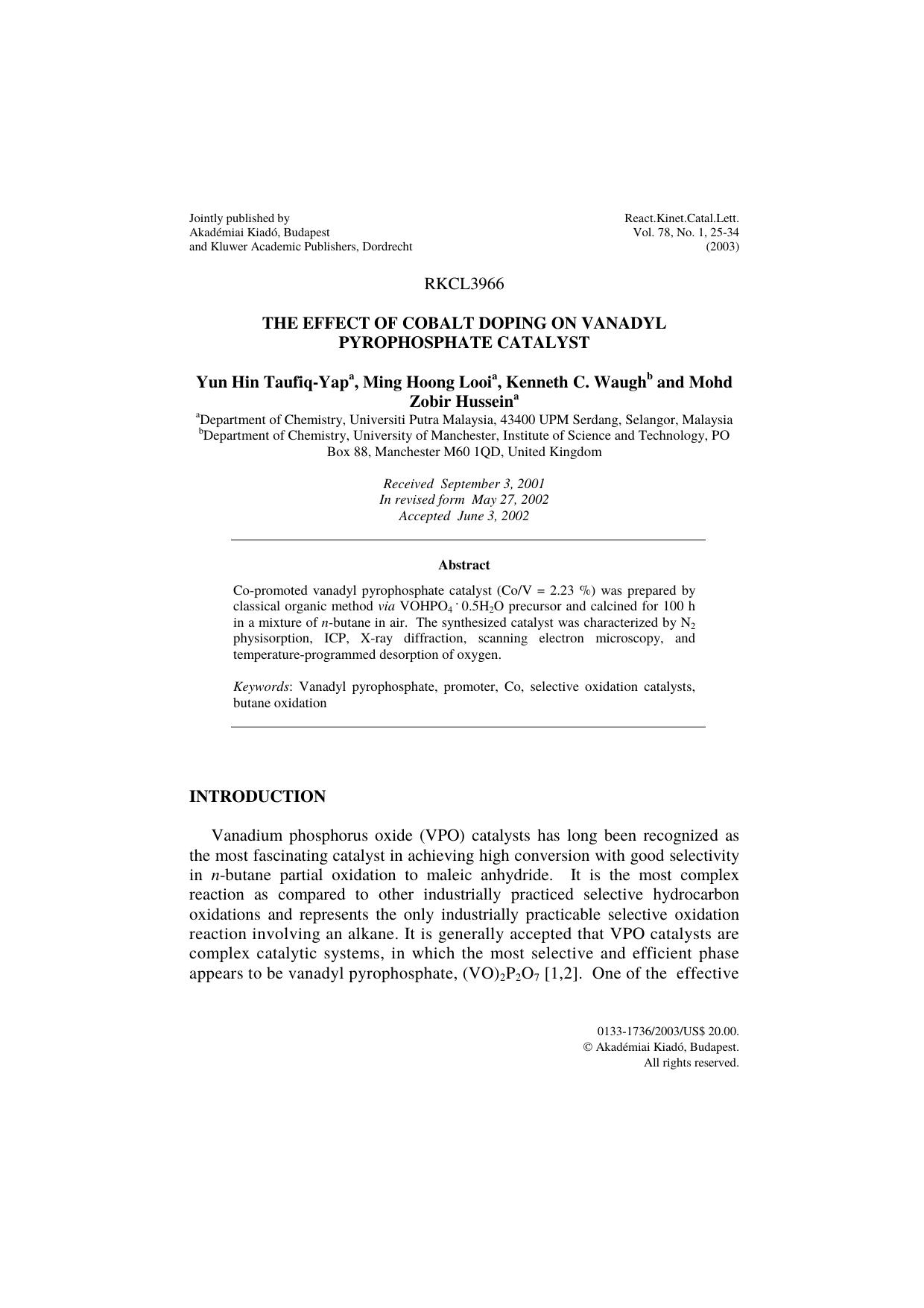 The effect of cobalt doping on vanadyl pyrophosphate catalyst by Unknown