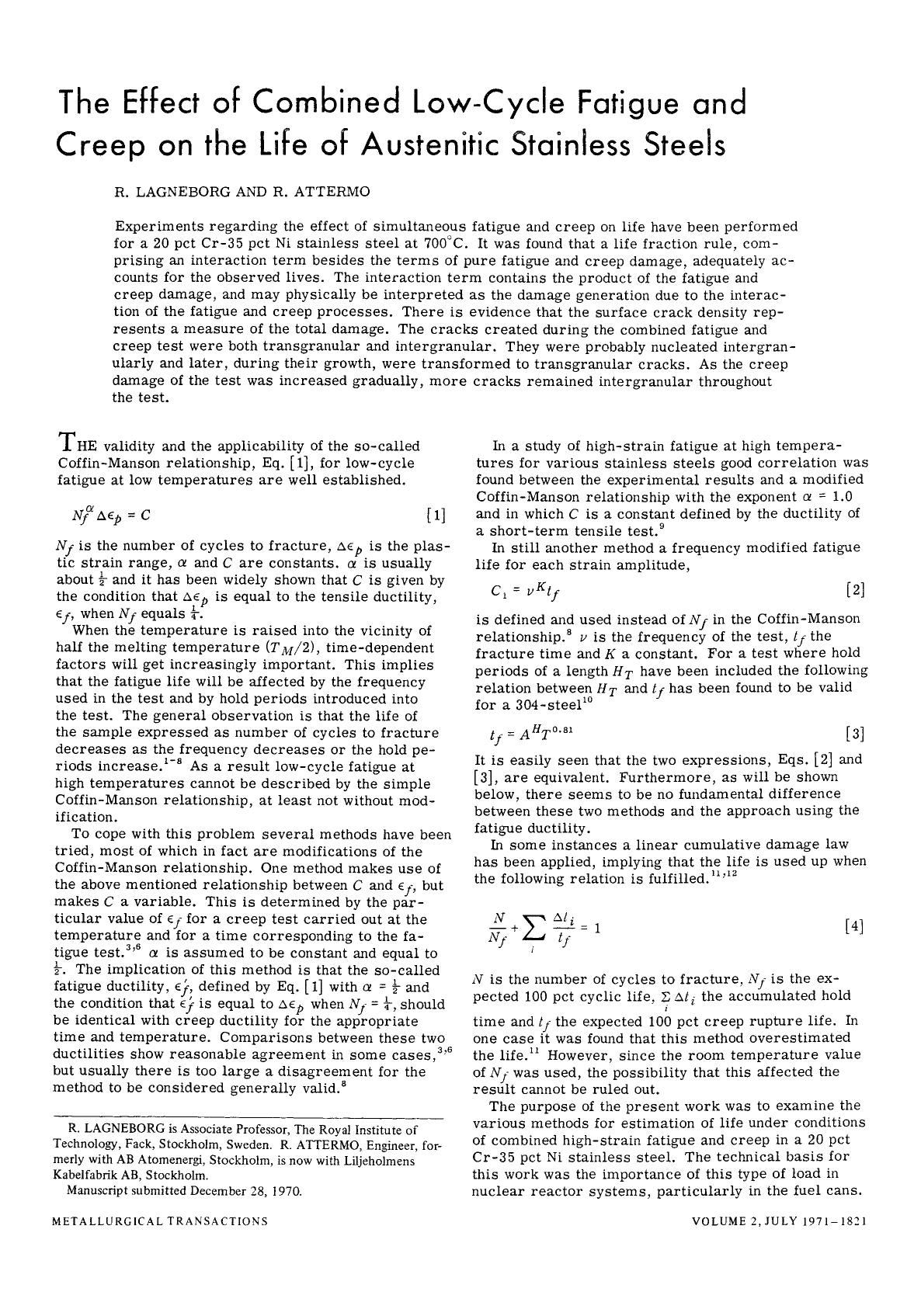 The effect of combined low-cycle fatigue and creep on the life of austenitic stainless steels by Unknown