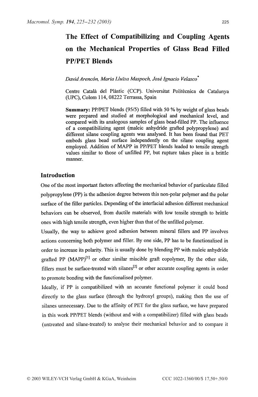 The effect of compatibilizing and coupling agents on the mechanical properties of glass bead filled PPPET blends by Unknown