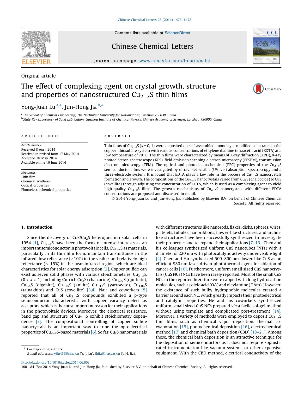 The effect of complexing agent on crystal growth, structure and properties of nanostructured Cu2âxS thin films by Yong-Juan Lu & Jun-Hong Jia