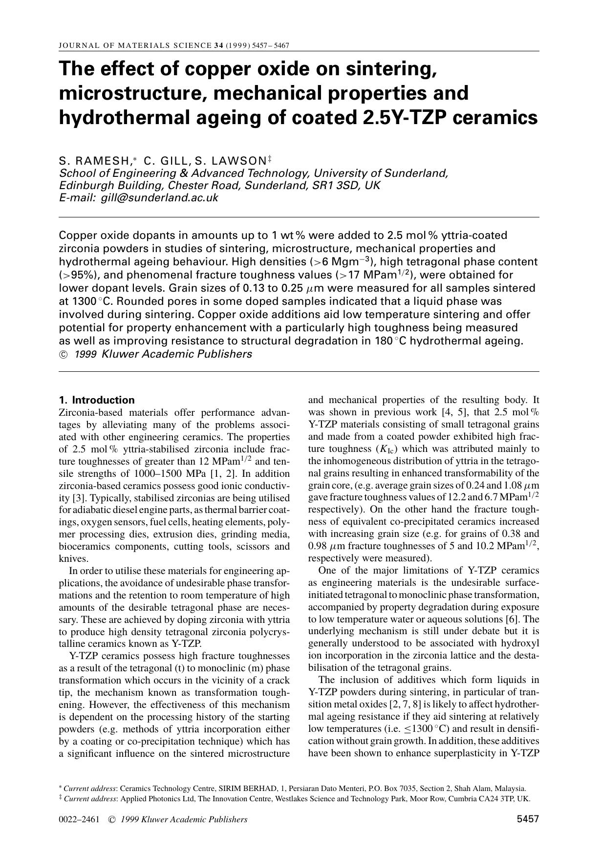 The effect of copper oxide on sintering, microstructure, mechanical properties and hydrothermal ageing of coated 2.5Y-TZP ceramics by Unknown
